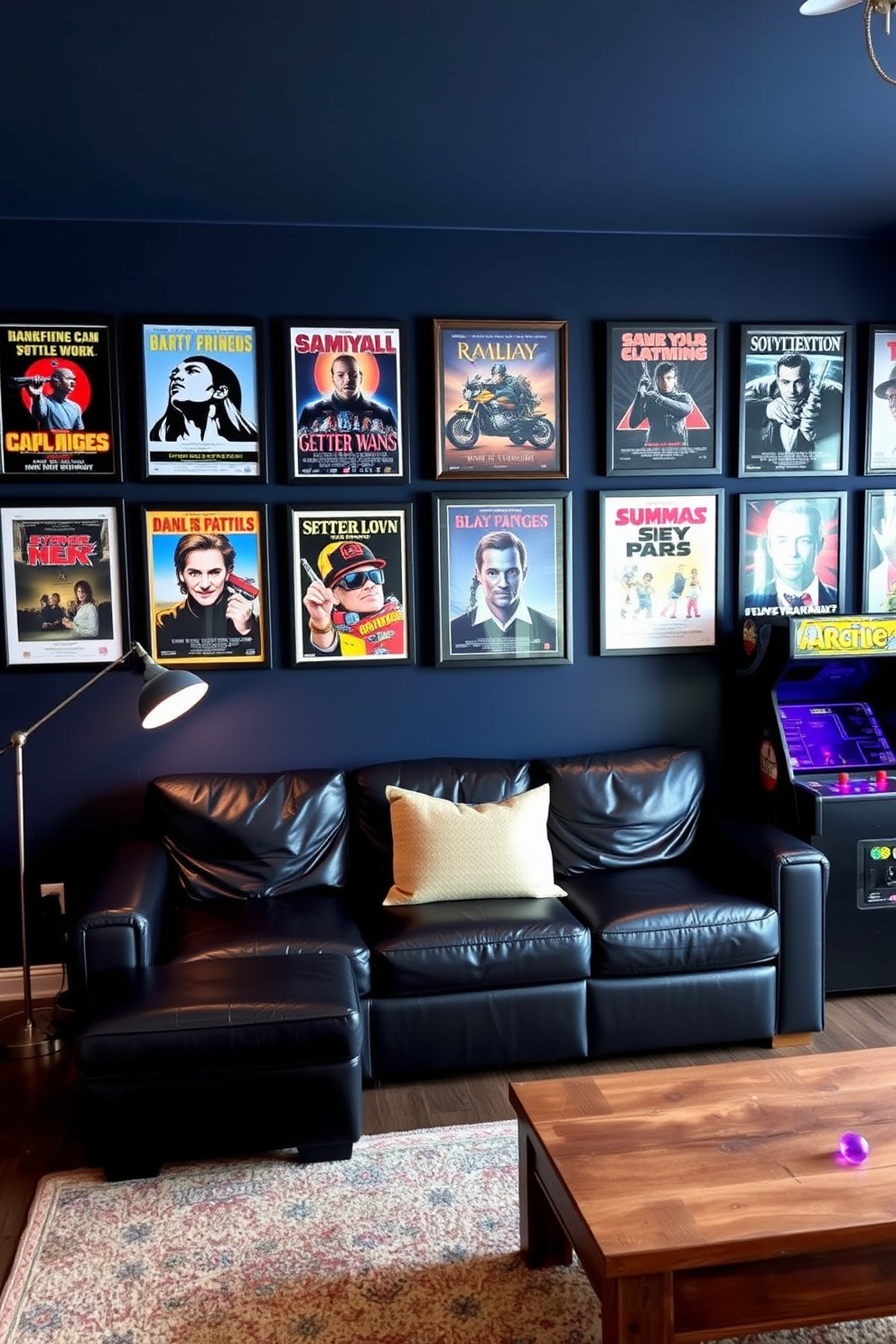 A cozy music room featuring an array of instruments displayed on the walls. A plush sofa sits in the center, surrounded by acoustic panels and warm lighting to create an inviting atmosphere. A cool man cave designed for relaxation and entertainment. It includes a large sectional sofa, a sleek bar area, and a wall-mounted television for enjoying movies and games.