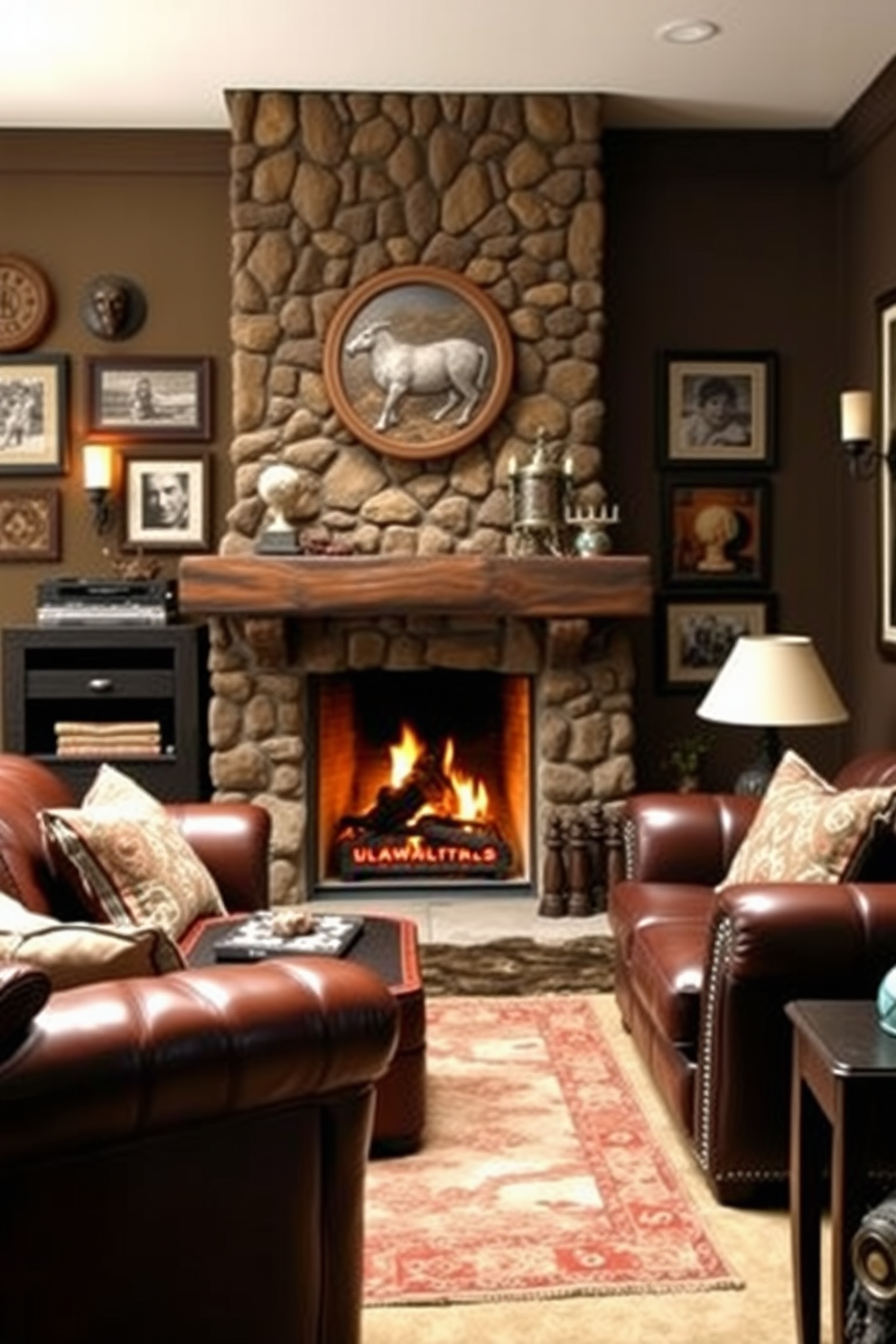 A cozy fireplace with a rustic stone surround creates a warm atmosphere in the room. Plush seating in rich leather and deep colors invites relaxation and conversation in this cool man cave. The walls are adorned with vintage sports memorabilia and framed photographs, adding a personal touch. Soft lighting from stylish sconces enhances the inviting ambiance, making it the perfect retreat for entertaining friends.