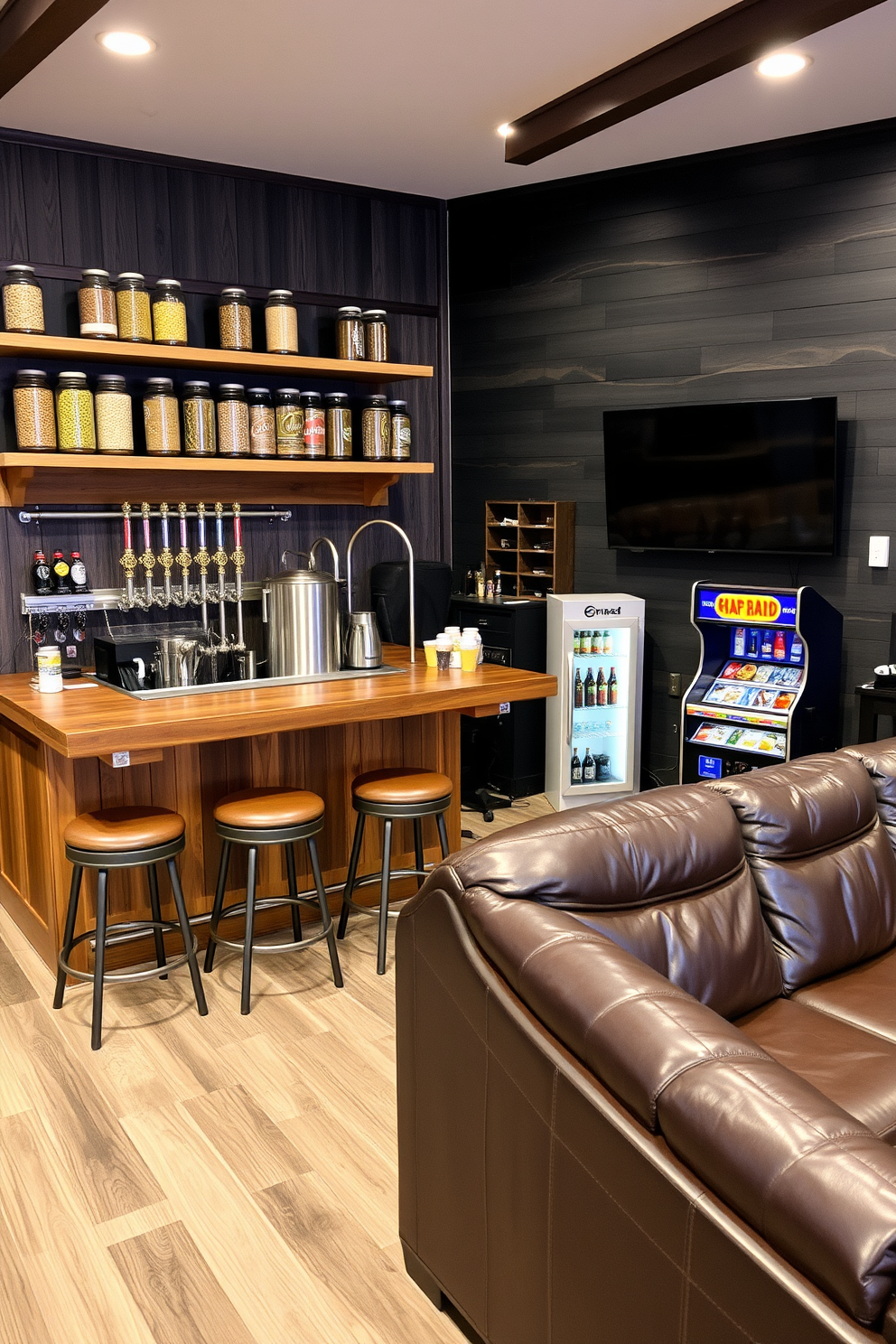 A craft beer brewing station with a rustic wooden bar featuring stainless steel brewing equipment. Shelves lined with various hops and malt jars are mounted on the wall, while bar stools with leather upholstery provide seating. A cool man cave design with dark wood paneling and a large leather sectional sofa. A vintage arcade game stands in one corner, complemented by a wall-mounted flat-screen TV and a mini fridge stocked with beverages.