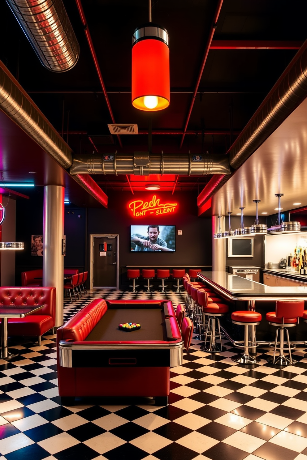 Retro diner style with neon lights. The interior features checkerboard flooring, red vinyl booths, and a long counter with bar stools. Cool Man Cave Design Ideas. The space includes a large sectional sofa, a pool table, and a bar area with high-top stools and ambient lighting.