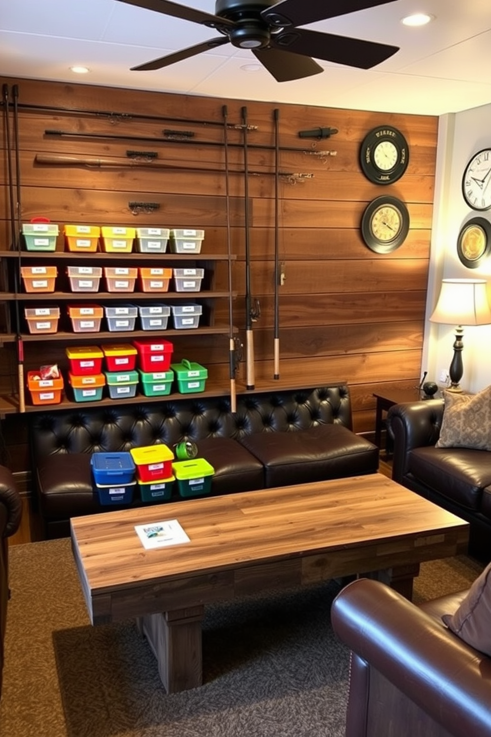 A stylish fishing gear display features neatly organized tackle boxes in various sizes, showcasing bright colors and labels for easy access. The backdrop includes rustic wooden shelves, giving the space a warm and inviting feel, while fishing rods are elegantly mounted above for decoration. The cool man cave design incorporates a combination of leather seating and a reclaimed wood coffee table, creating a perfect spot for relaxation. Ambient lighting from vintage-style lamps enhances the atmosphere, while wall-mounted memorabilia adds a personal touch to the space.