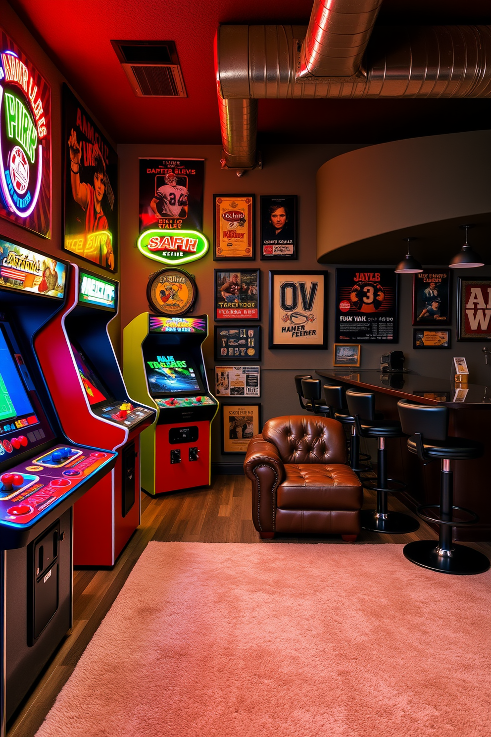 A vintage arcade game corner featuring classic arcade machines with vibrant colors and retro designs. The space is illuminated by neon lights and adorned with vintage posters of iconic games, creating a nostalgic atmosphere. A cool man cave design that incorporates a plush leather sectional sofa and a custom-built bar with high stools. The walls are decorated with framed sports memorabilia and the floor is covered with a soft area rug for added comfort.