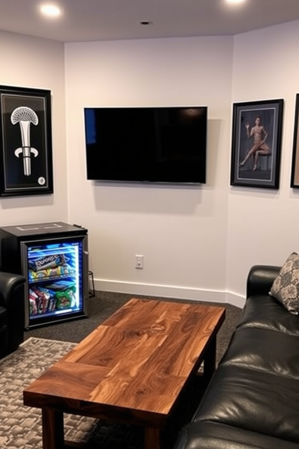 A mini fridge stocked with a variety of snacks sits in the corner of a stylish man cave. The space features dark leather seating, a large flat-screen TV mounted on the wall, and ambient lighting that creates a cozy atmosphere. The walls are adorned with framed sports memorabilia and artwork that reflect personal interests. A sleek coffee table made of reclaimed wood complements the overall rustic yet modern aesthetic of the room.