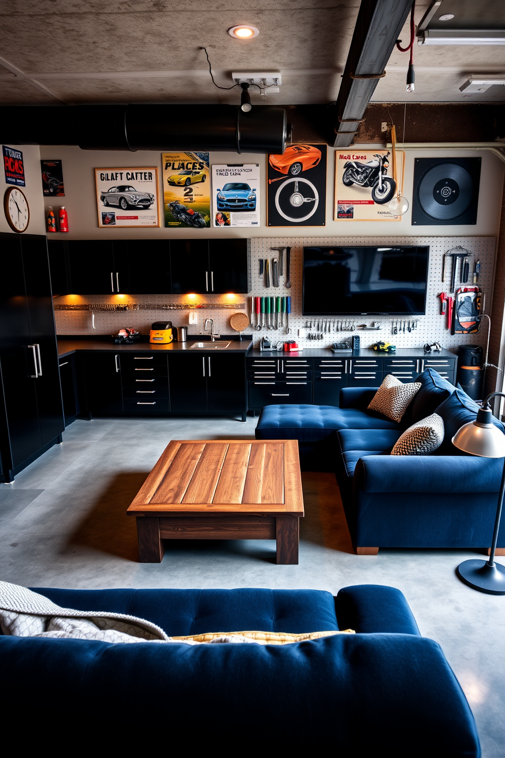 A spacious automotive-themed garage workspace features sleek black cabinets and a polished concrete floor. The walls are adorned with vintage car posters and tools neatly organized on pegboards, creating a functional yet stylish environment. The cool man cave design includes a plush sectional sofa in deep navy, paired with a rustic wooden coffee table. Ambient lighting from stylish floor lamps casts a warm glow, while a large flat-screen TV is mounted on the wall, perfect for movie nights and gaming sessions.