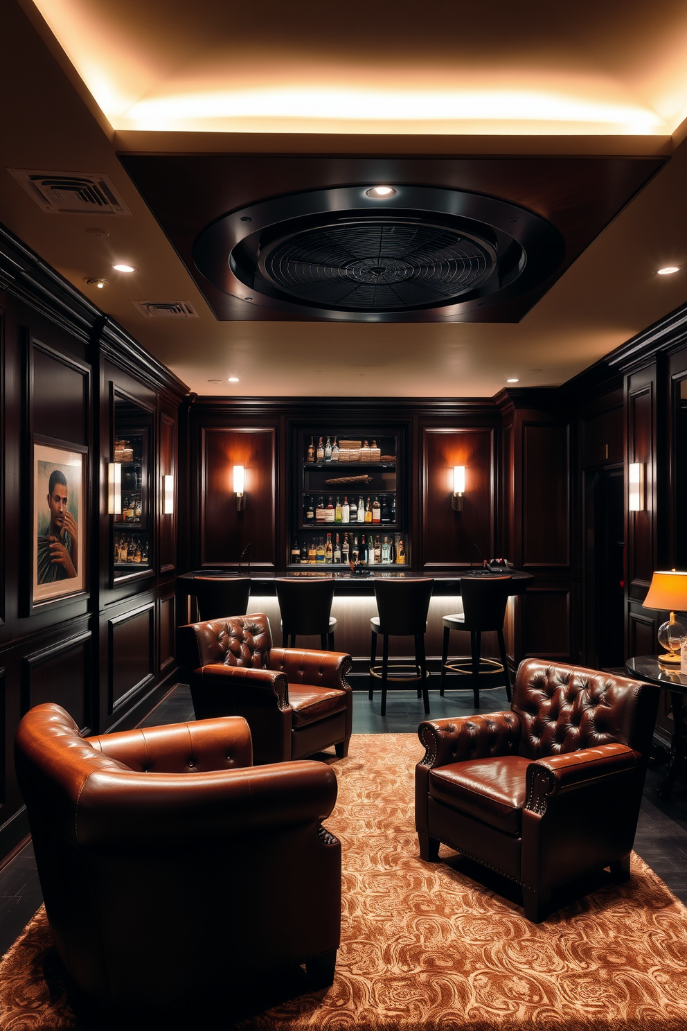 A luxurious cigar lounge featuring a sophisticated ventilation system. The space is adorned with rich leather armchairs and a dark wood bar stocked with premium spirits. The walls are lined with dark mahogany paneling and the floor is covered in a plush area rug. Ambient lighting casts a warm glow, creating an inviting atmosphere for relaxation and conversation.