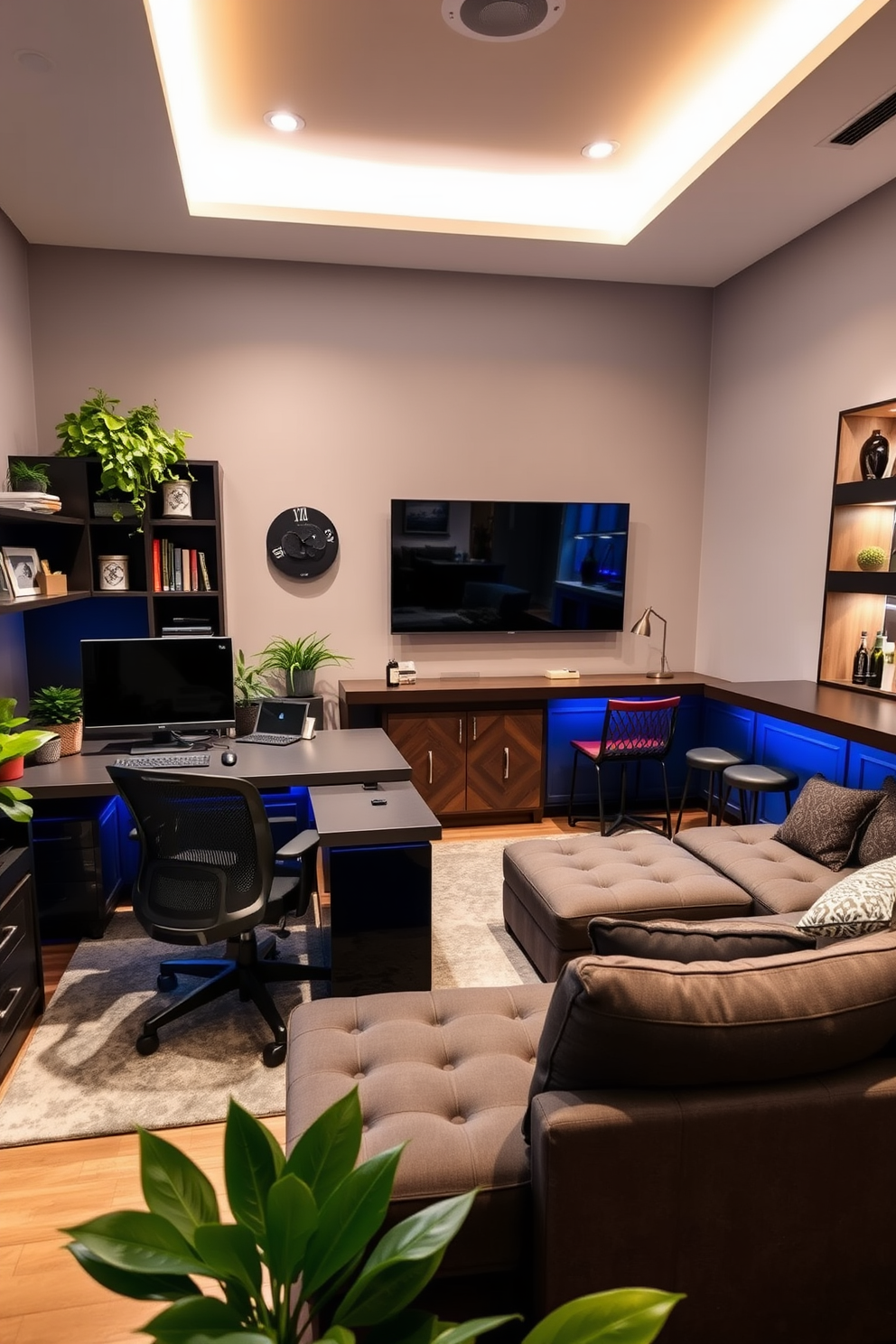 A modern tech hub featuring smart home technology seamlessly integrated into the design. The room includes a sleek workstation with multiple monitors, ambient lighting, and voice-activated controls for various devices. A stylish man cave designed for relaxation and entertainment. The space is equipped with a large sectional sofa, a mounted flat-screen TV, and a mini bar stocked with drinks and snacks.