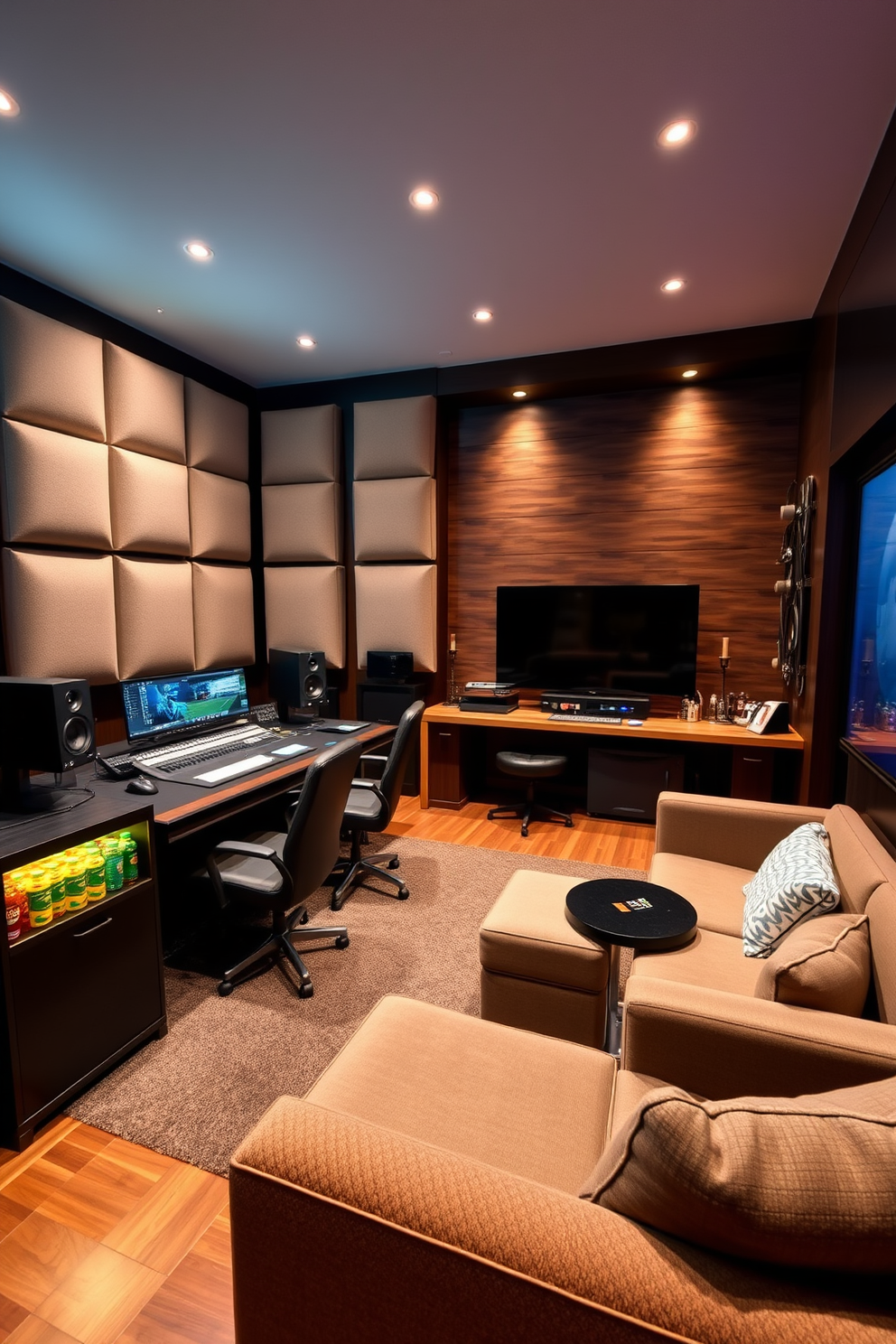 A modern music studio for recording sessions featuring soundproof walls with acoustic panels. The space includes a large mixing console, multiple monitors, and comfortable seating for artists, with ambient lighting creating a creative atmosphere. A stylish man cave designed for relaxation and entertainment with plush seating and a large screen for movie viewing. The room is accented with dark wood finishes, a mini bar stocked with beverages, and sports memorabilia adorning the walls.