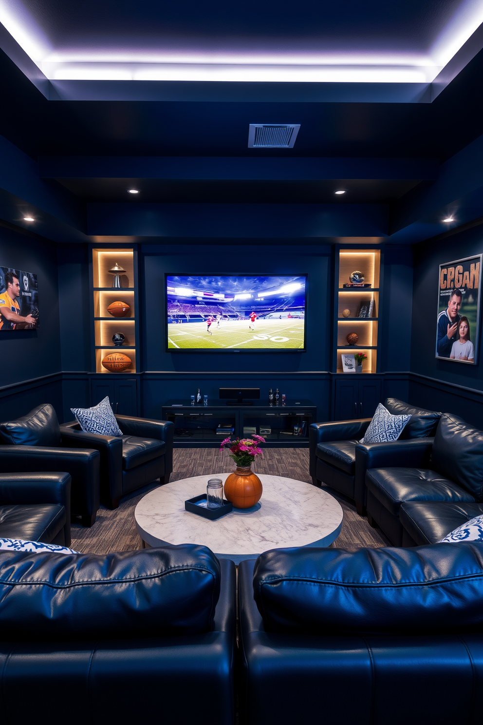 A classic sports memorabilia showcase featuring a sleek glass display case that highlights vintage jerseys and autographed baseballs. The walls are painted in a deep navy blue, accented with framed photographs of iconic sports moments. In this cool man cave design, plush leather seating is arranged around a custom-built bar with integrated LED lighting. A large flat-screen TV is mounted above the bar, perfect for watching games while surrounded by memorabilia that celebrates sports history.