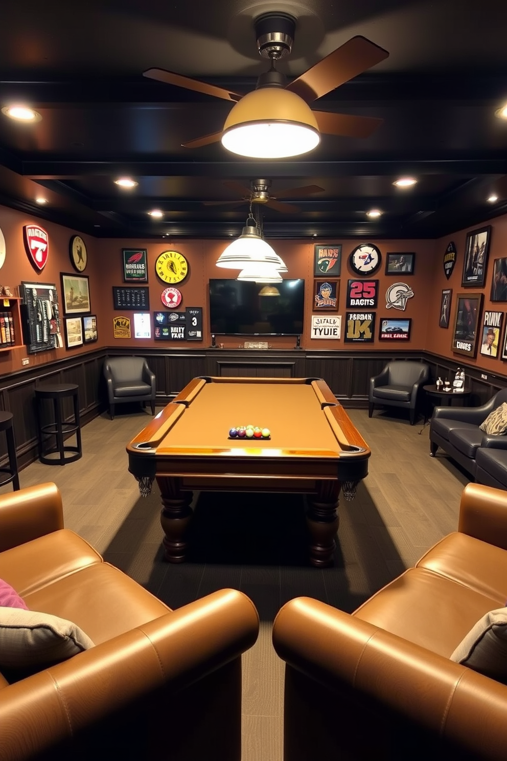 A stylish man cave featuring a billiards table at its center surrounded by comfortable seating. The walls are adorned with sports memorabilia and the lighting is dimmed to create a relaxed atmosphere.