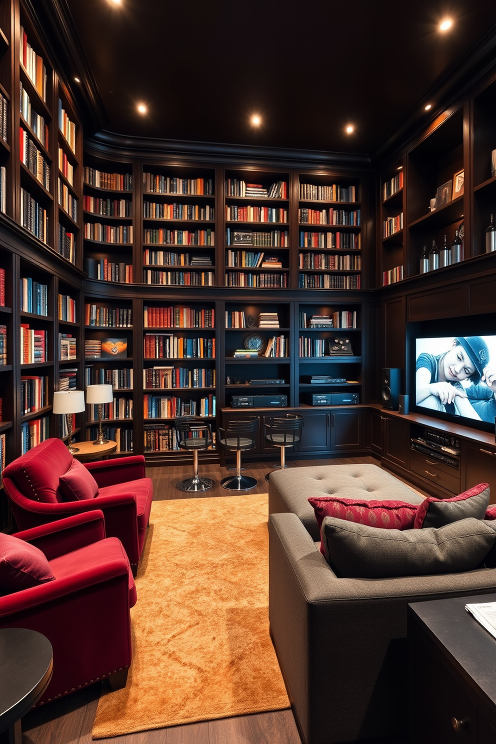 A personal library featuring plush, cozy armchairs in rich burgundy fabric. The walls are lined with dark wooden bookshelves filled with an extensive collection of books, and a warm area rug adds comfort underfoot. A stylish man cave designed for relaxation and entertainment. It includes a large sectional sofa in deep gray, a sleek bar area with high stools, and an entertainment center showcasing a big-screen TV surrounded by sound equipment.