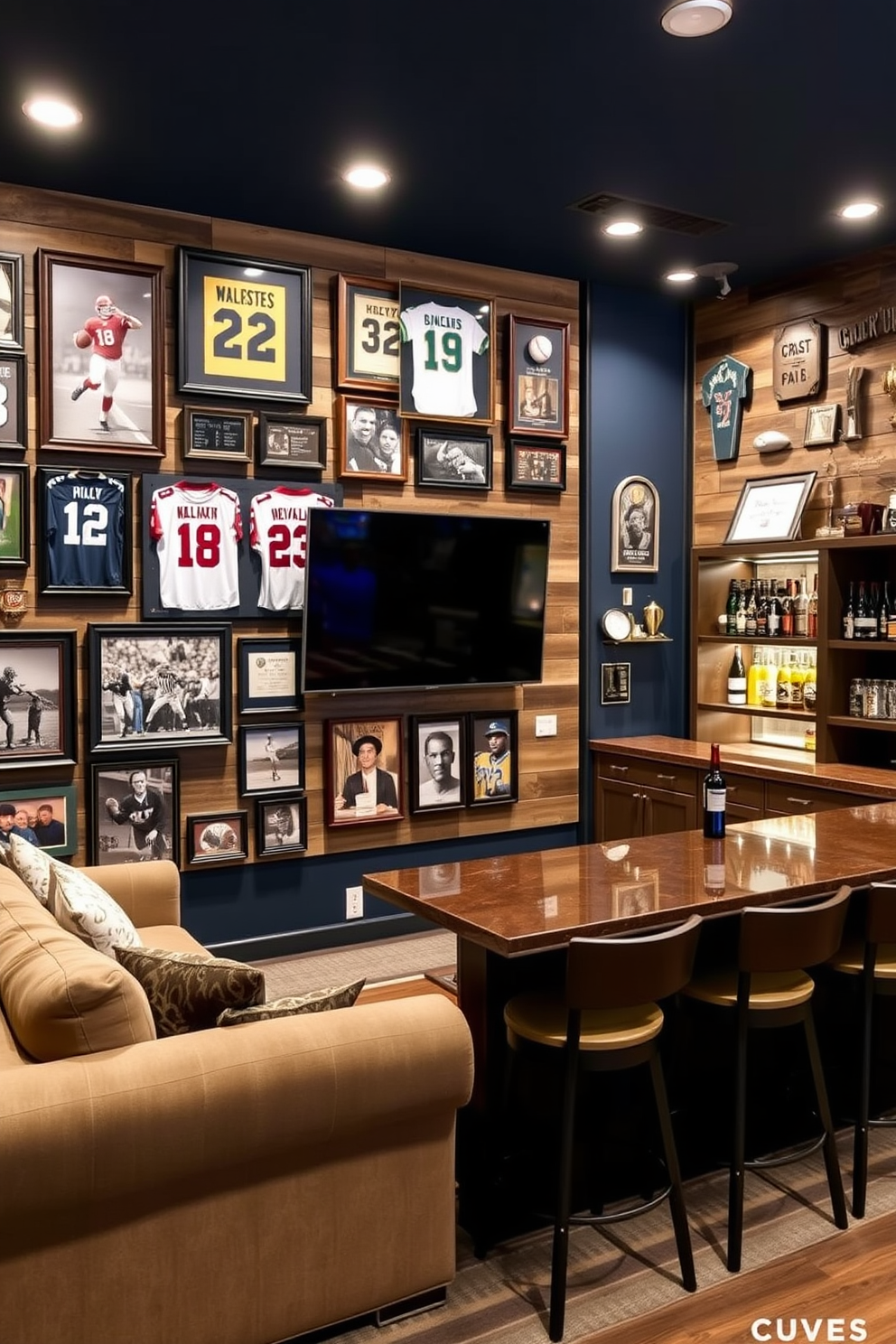 A sports memorabilia display wall featuring a mix of framed jerseys, signed baseballs, and vintage photographs. The wall is painted in a deep navy blue, and spotlights illuminate the memorabilia to highlight their significance. Cool man cave design ideas incorporating a plush sectional sofa and a large flat-screen TV mounted on a reclaimed wood wall. A custom-built bar with high stools sits in one corner, surrounded by shelves filled with craft beer and sports trophies.