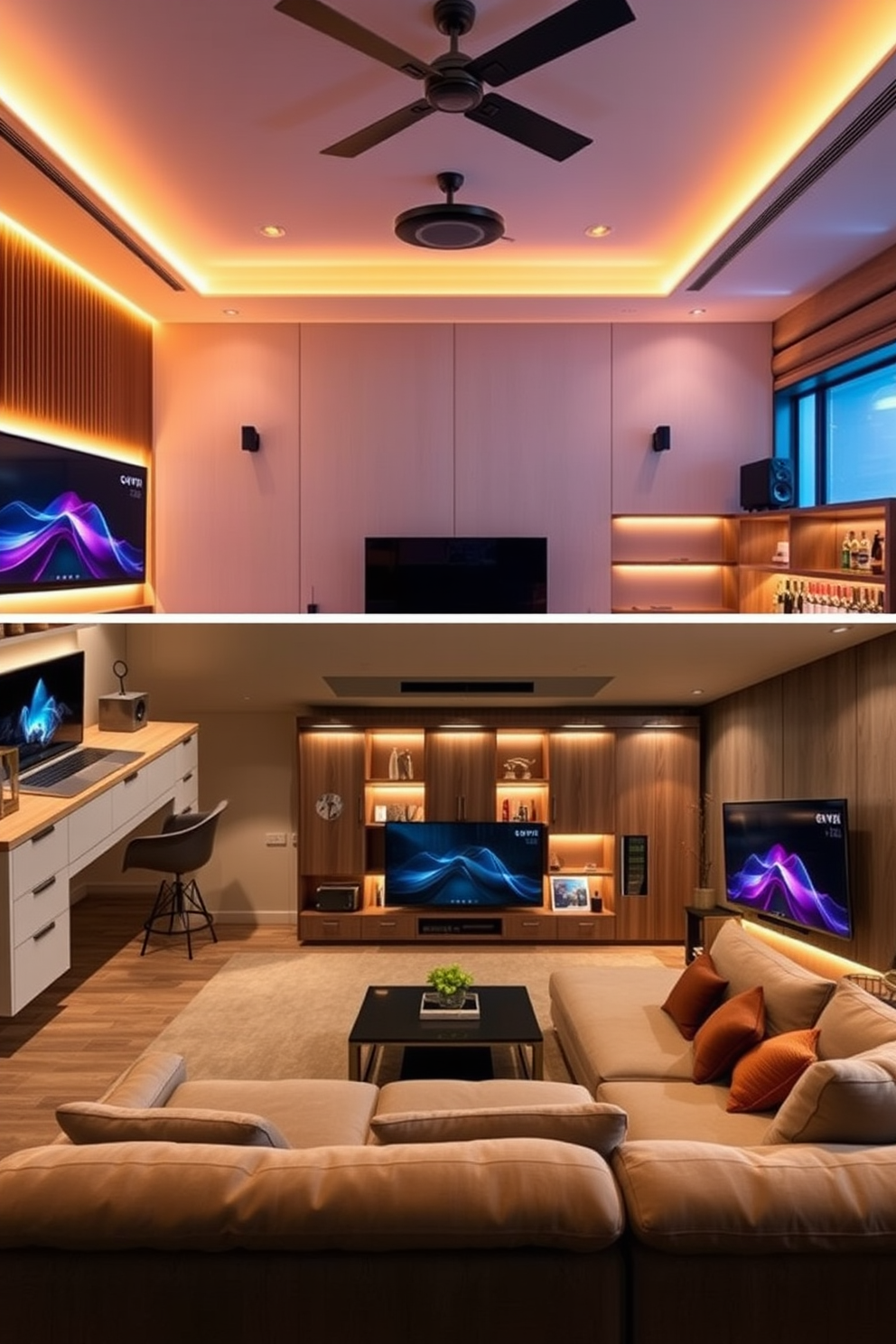 A modern tech hub featuring sleek smart home gadgets integrated into the design. The space includes a minimalist desk with a high-tech computer setup and ambient lighting that adjusts automatically. A stylish man cave designed for relaxation and entertainment. It features a large sectional sofa, a big-screen television, and a well-stocked bar area, all accented by warm lighting and rich textures.