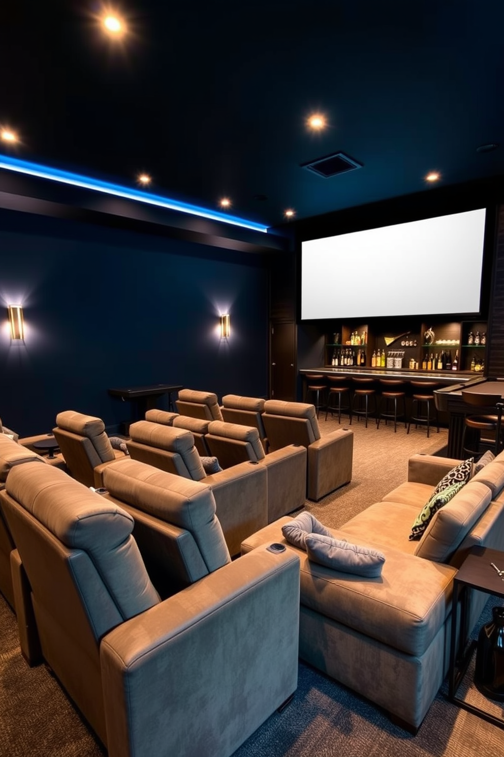 A cozy home theater featuring plush recliners arranged in a semi-circle facing a large screen. The walls are painted a deep navy blue, and dimmable LED lights provide a warm ambiance. A stylish man cave designed for relaxation and entertainment. The space includes a sleek bar area, a pool table, and a comfortable sectional sofa, all complemented by industrial-style decor elements.