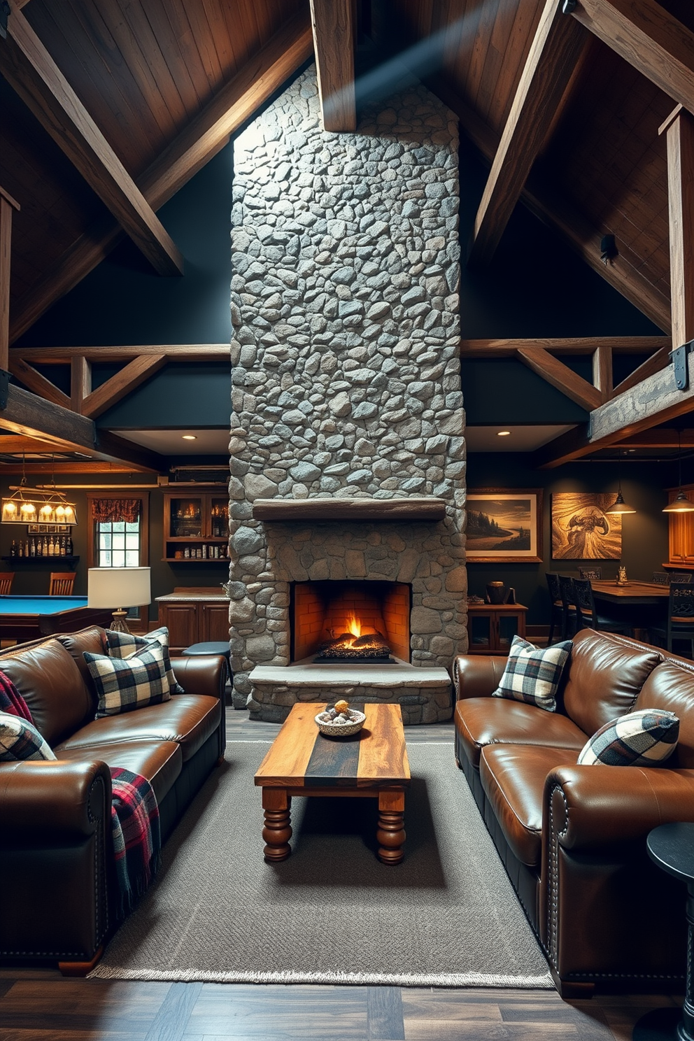 A rustic cabin style interior features exposed wooden beams and a stone fireplace as the focal point. The furniture includes a large leather sofa, a reclaimed wood coffee table, and cozy plaid throw blankets. For cool man cave design ideas, envision a space with dark walls and industrial lighting. The room is equipped with a bar area, a pool table, and comfortable seating for entertaining friends.