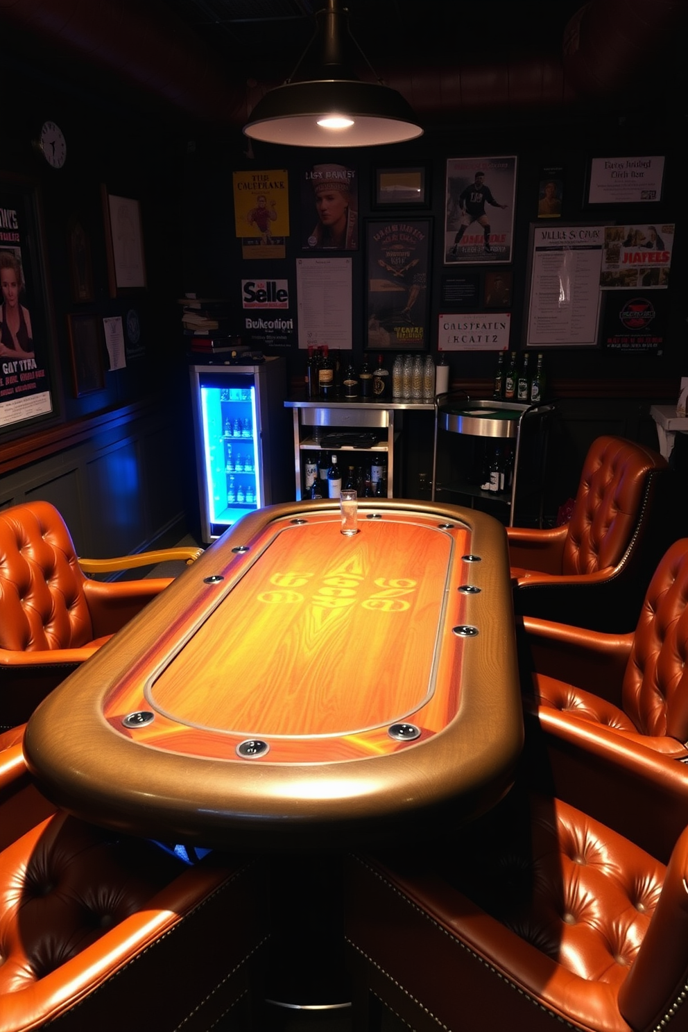 A classic poker lounge featuring rich mahogany paneling and plush leather seating arranged around a large, polished oak table. Dim lighting casts a warm glow, enhancing the ambiance with vintage chandeliers and strategically placed sconces. The walls are adorned with framed artwork depicting iconic poker scenes, while a well-stocked bar in the corner offers an array of spirits. A plush area rug anchors the space, providing comfort underfoot and adding a touch of elegance to this cool man cave design.