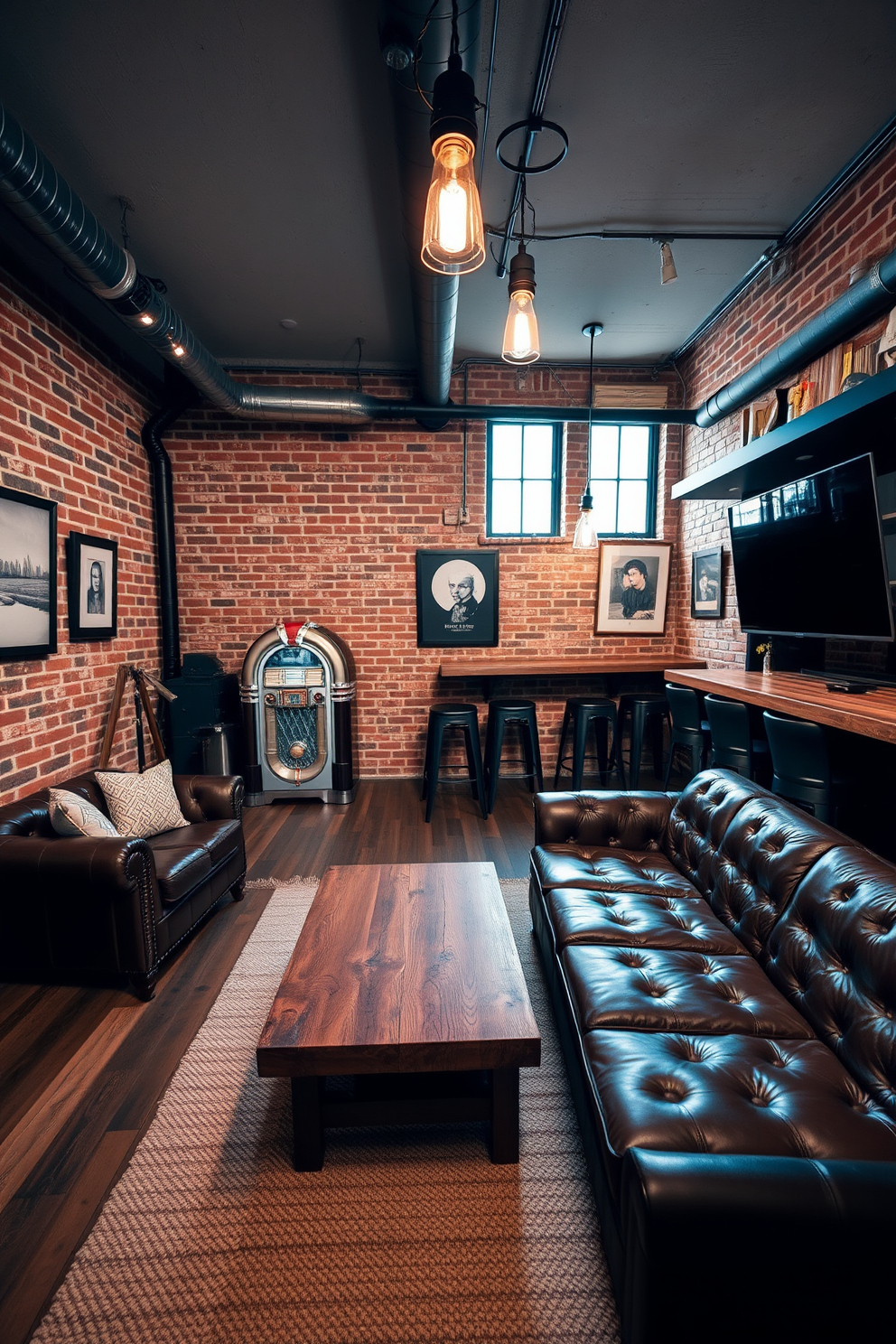 A stylish man cave featuring industrial chic elements. The space includes exposed brick walls, metal fixtures, and a large leather sectional sofa facing a sleek coffee table. A vintage-style bar with metal stools sits against one wall, illuminated by pendant lights. A collection of framed artwork and vintage signs adds character to the room, creating a cozy yet modern atmosphere.