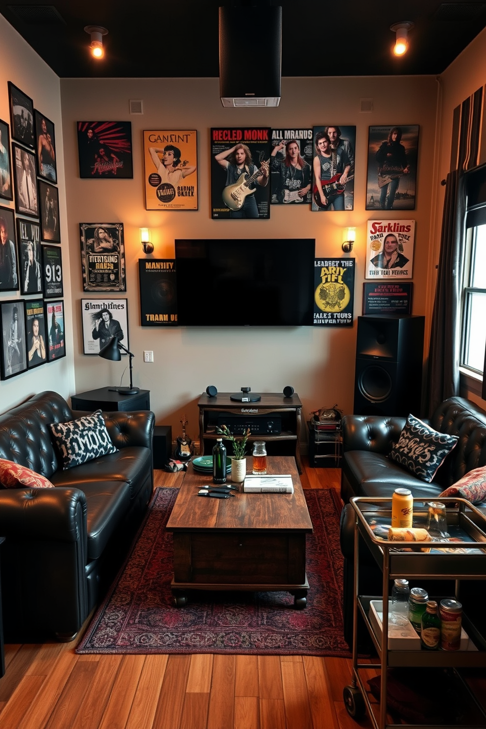 A cozy classic rock music listening area features plush leather couches arranged around a vintage wooden coffee table. The walls are adorned with framed album covers and concert posters, creating an inviting atmosphere for music lovers. The lighting is dimmed with warm bulbs, and a state-of-the-art sound system is integrated into the design. A small bar cart stocked with drinks and snacks complements the space, making it perfect for entertaining friends.