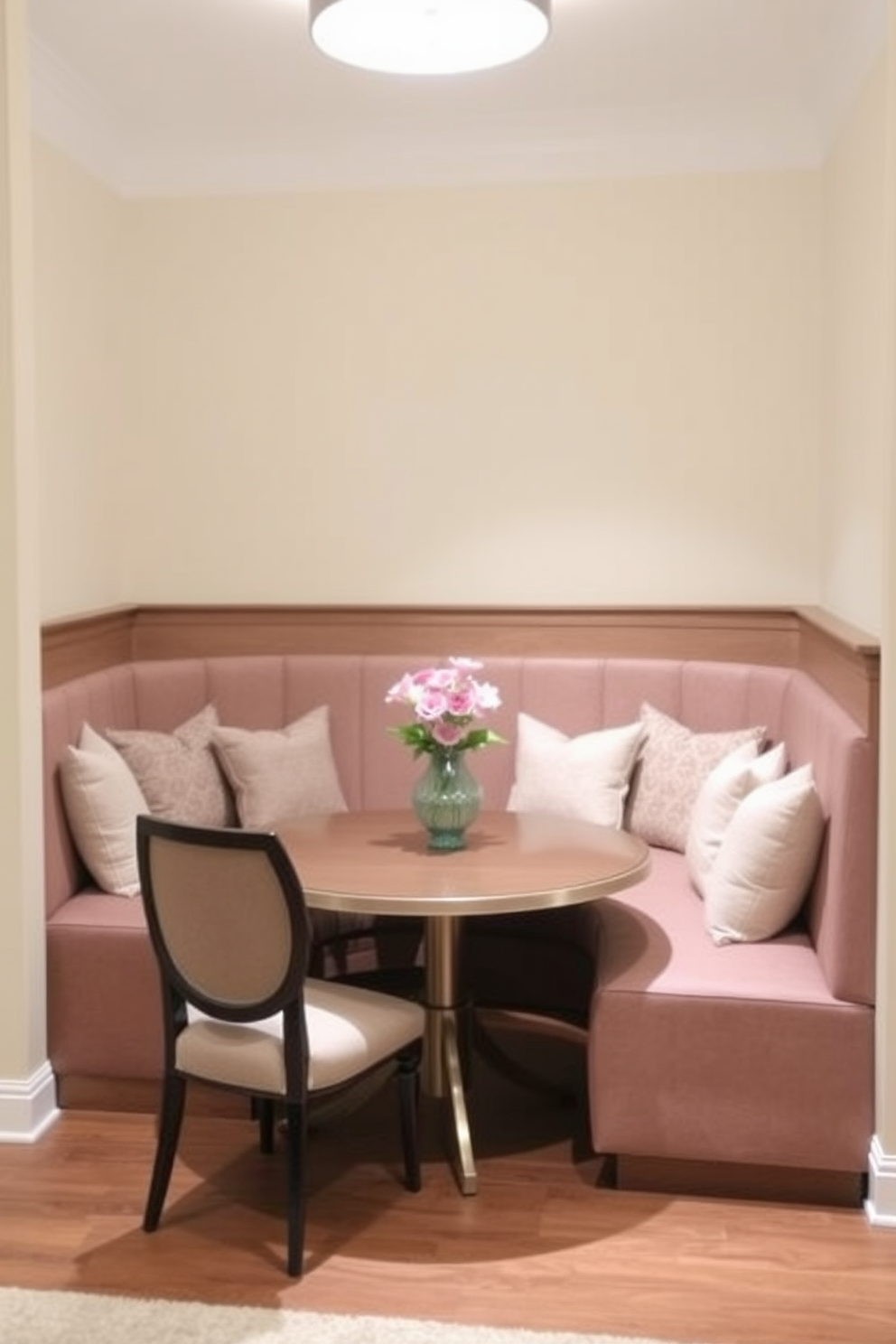 Cozy banquette seating with plush cushions creates an inviting atmosphere in the corner of the dining room. The space is enhanced by a round dining table surrounded by stylish chairs, with soft lighting illuminating the area.