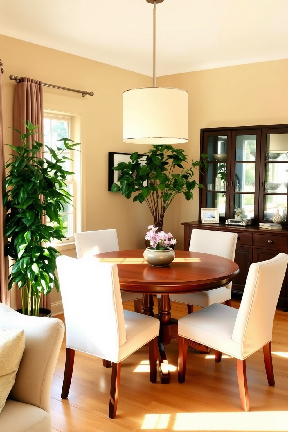 A cozy corner dining room filled with natural light. A round wooden table is surrounded by upholstered chairs in soft neutral tones, creating an inviting atmosphere. In one corner, a tall potted plant adds a vibrant splash of greenery. The walls are painted in a warm beige, complemented by a statement pendant light hanging above the table.