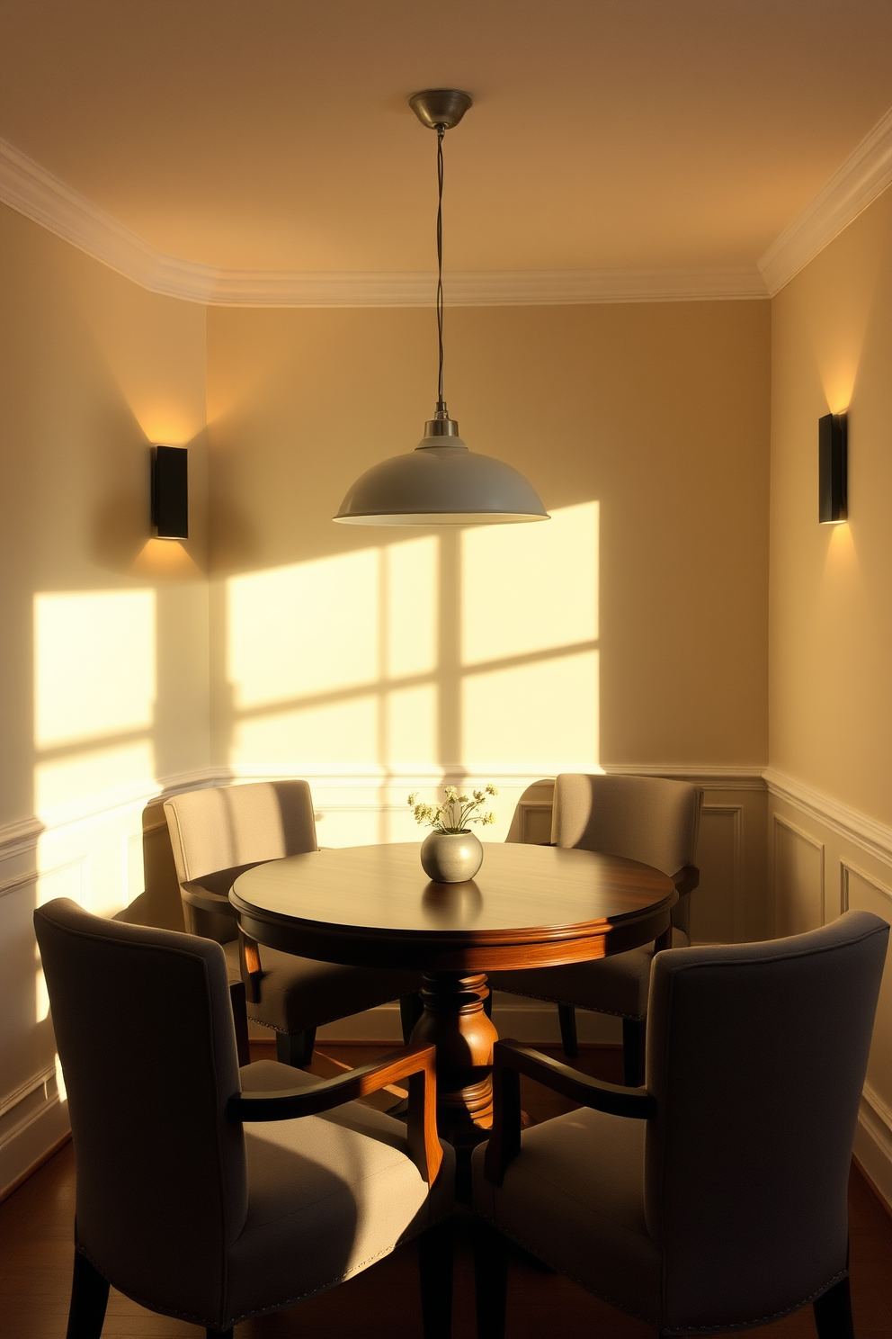 A cozy corner dining room bathed in warm light. The space features a round wooden table surrounded by upholstered chairs, with a statement pendant light hanging above. Wall-mounted lighting fixtures are strategically placed to enhance the ambiance. Soft, diffused light creates a welcoming atmosphere, highlighting the textures of the room.