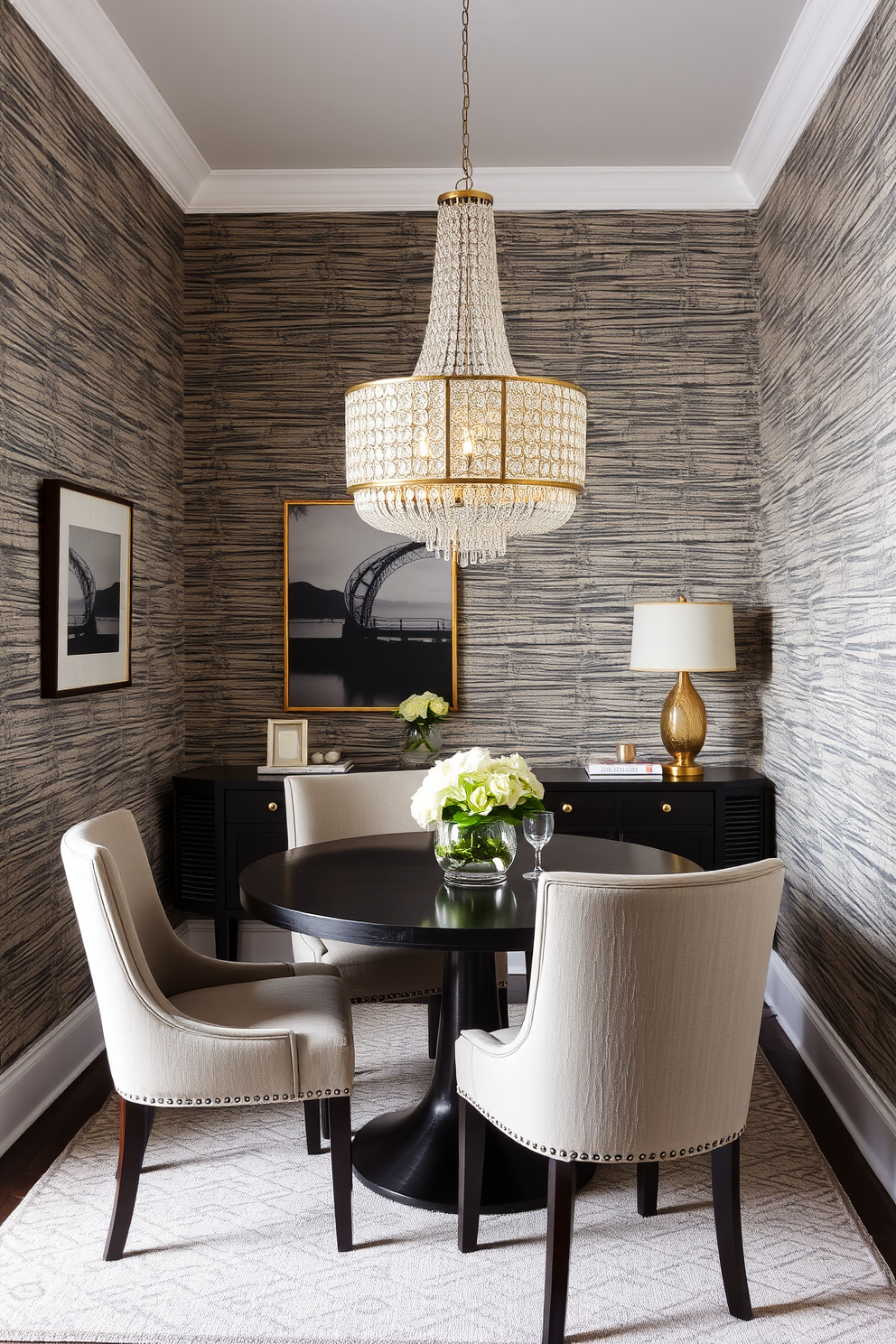 A cozy corner dining room featuring textured wallpaper that adds depth and visual interest to the space. The dining table is surrounded by upholstered chairs, and a statement chandelier hangs above, creating an inviting atmosphere.