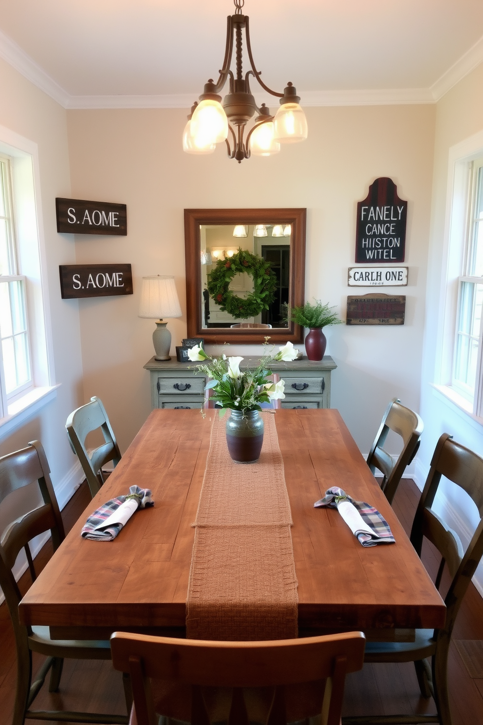 A rustic wooden table takes center stage in a cozy corner dining room. Surrounding the table are mismatched chairs that add character, with warm lighting creating an inviting atmosphere. The walls are adorned with farmhouse-style decor, featuring vintage signs and a large framed mirror. Soft textiles, such as a woven table runner and plaid napkins, enhance the rustic charm of the space.