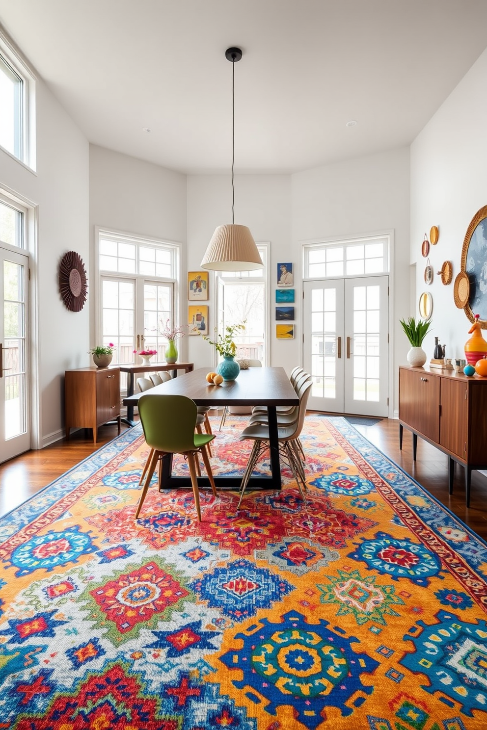 A vibrant and colorful rug anchors the dining area, featuring intricate patterns in shades of blue, orange, and yellow. Surrounding the rug, a modern dining table with sleek lines is paired with mismatched chairs that add a playful touch to the space. Large windows allow natural light to flood the room, highlighting the unique decor elements on the walls. A statement pendant light hangs above the table, creating an inviting atmosphere for gatherings and meals.