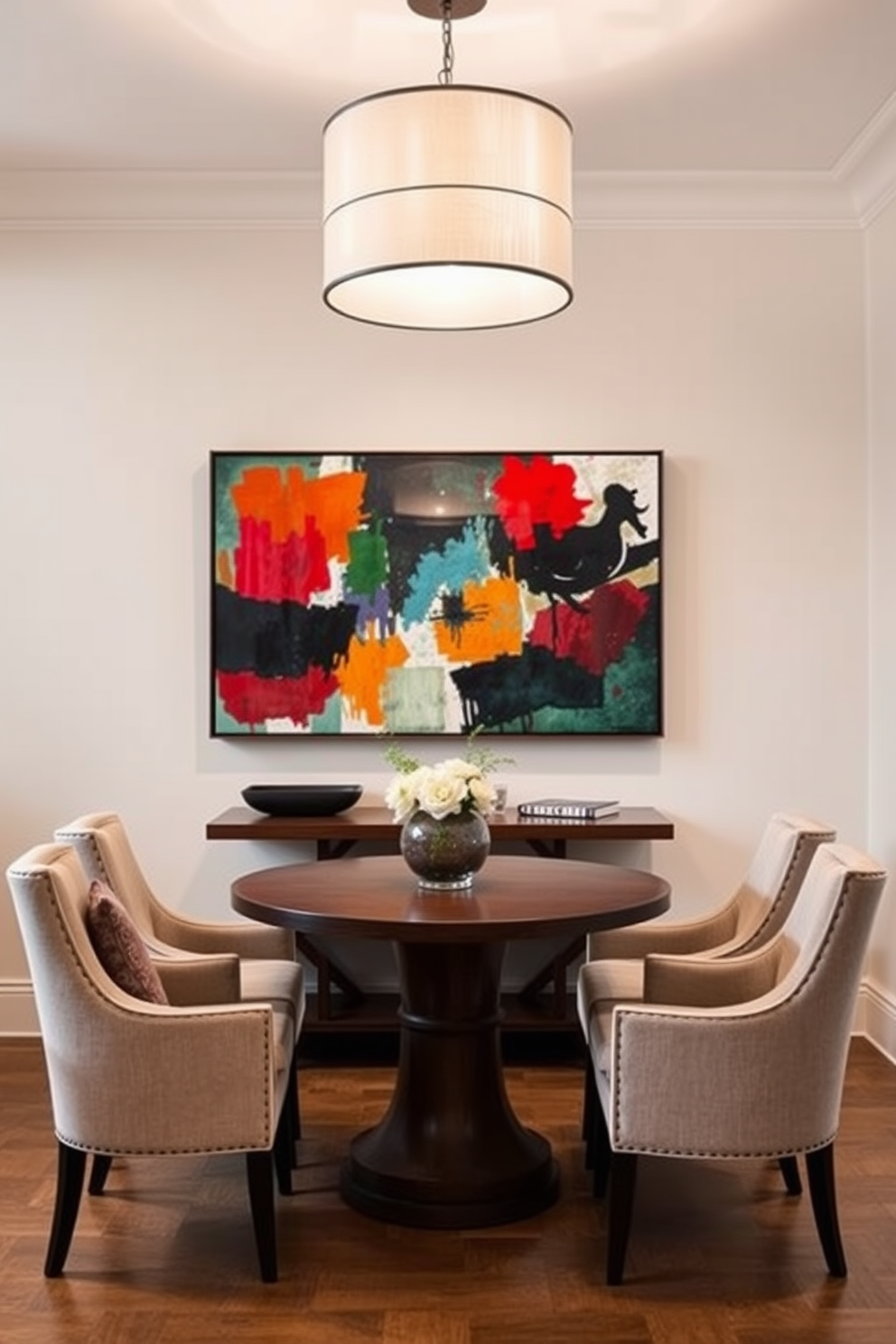 Artistic wall art for personalization. A large abstract painting with vibrant colors hangs above a sleek console table, creating a focal point in the room. Corner Dining Room Design Ideas. A round wooden table is set in the corner, surrounded by upholstered chairs, with a stylish pendant light hanging overhead to enhance the cozy atmosphere.