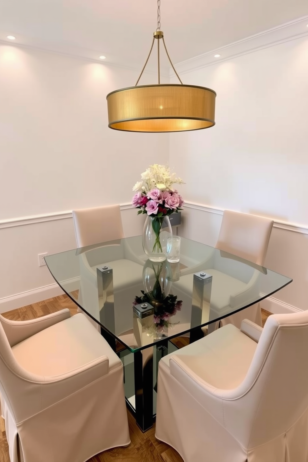 A corner dining room features a sleek glass table that enhances the airy atmosphere of the space. Surrounding the table are elegant chairs with soft upholstery, creating a comfortable yet sophisticated dining experience.