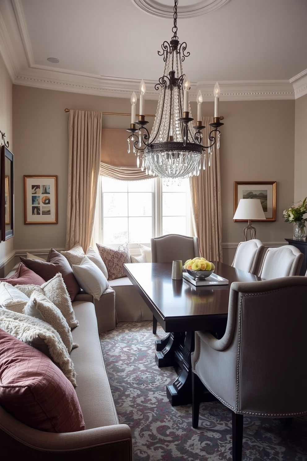 A cozy corner seating nook filled with plush pillows in various textures and colors. The nook is bathed in natural light from a nearby window, creating an inviting atmosphere for relaxation. An elegant dining room featuring a large wooden table surrounded by upholstered chairs. The walls are adorned with tasteful artwork, and a stunning chandelier hangs above the table, enhancing the room's sophistication.