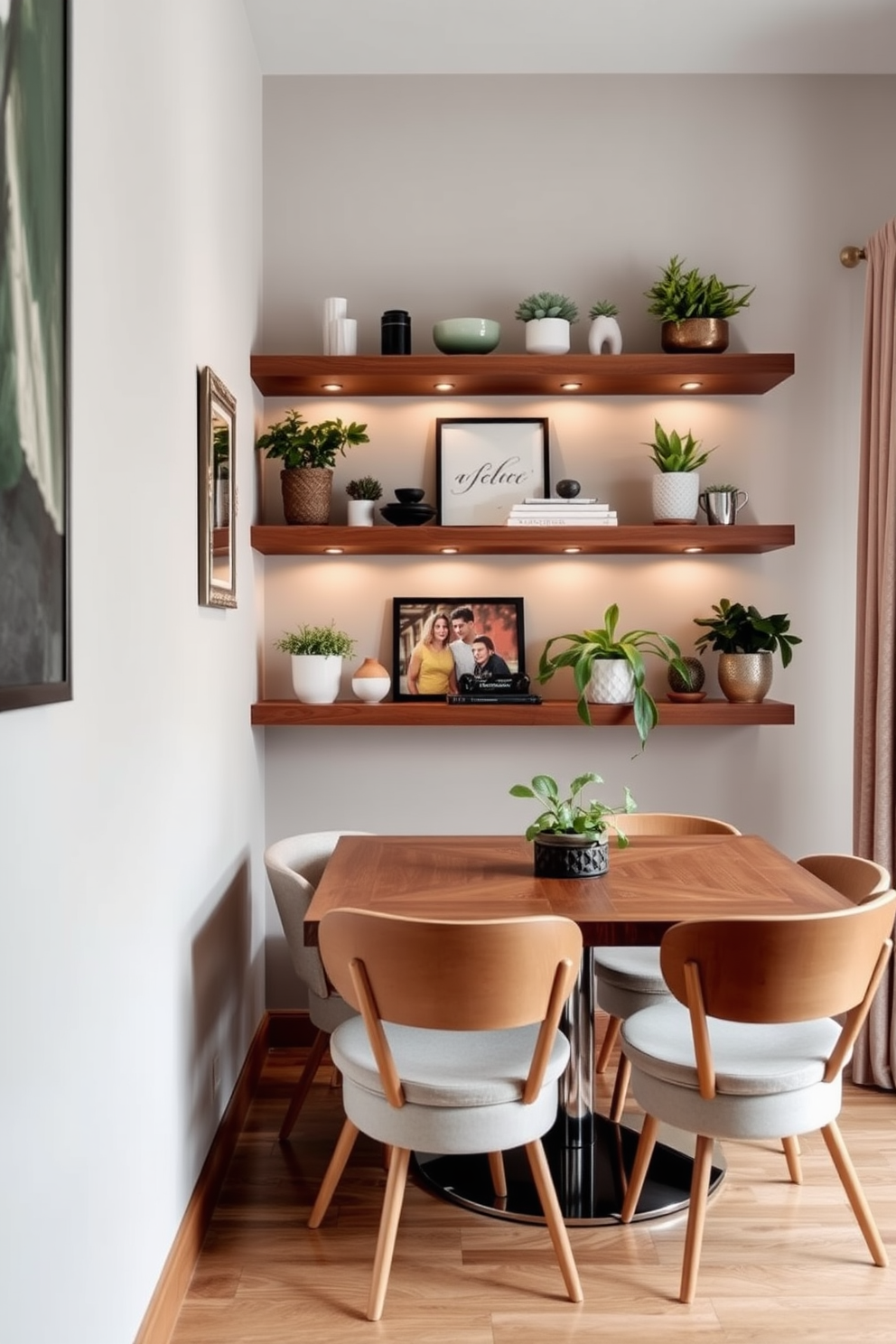 A cozy corner dining room features floating shelves adorned with decorative items and plants. The dining table is surrounded by stylish chairs, creating an inviting atmosphere for meals and gatherings.