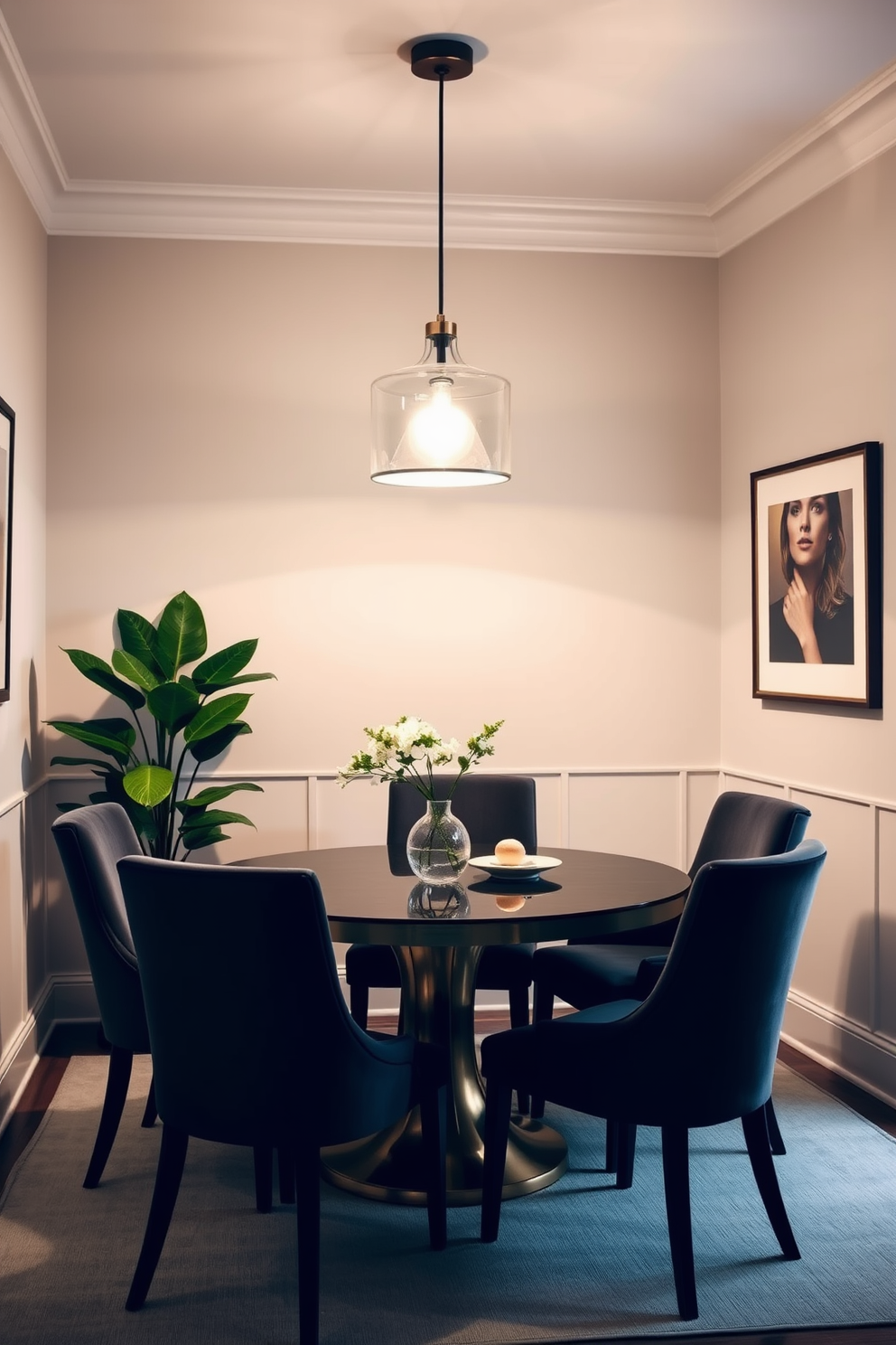 A cozy corner dining room features a round wooden table surrounded by upholstered chairs in soft neutral tones. Framed photos of family and friends adorn the walls, adding a personal touch and warmth to the space. The table is set with elegant dinnerware and a small vase of fresh flowers at the center. Soft lighting from a pendant fixture above creates an inviting atmosphere perfect for gatherings.