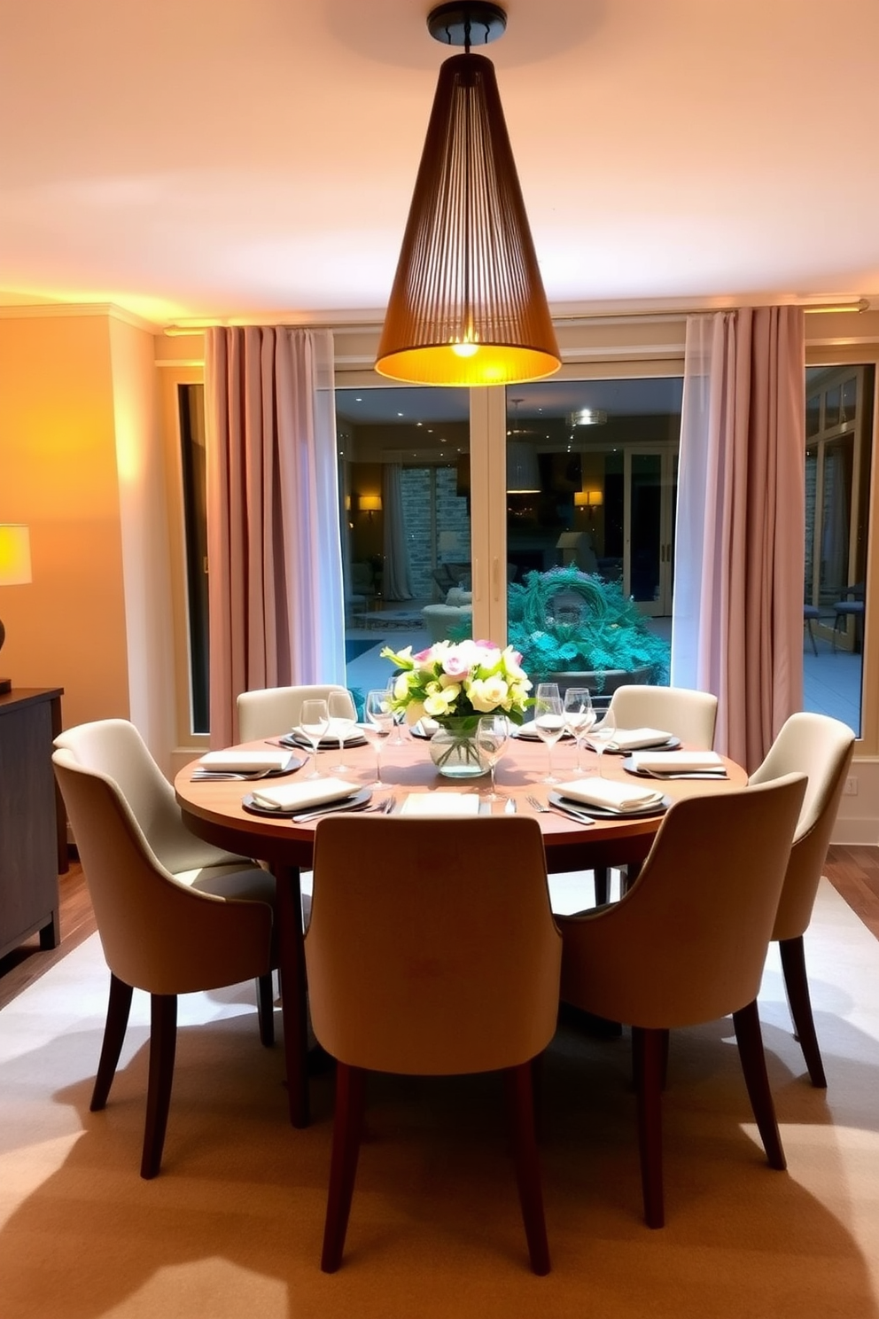 A round wooden table is set for an intimate gathering, surrounded by upholstered chairs in a soft fabric. The table is adorned with a simple yet elegant centerpiece of fresh flowers, and warm ambient lighting creates a cozy atmosphere. The dining room features large windows that allow natural light to flood the space, complemented by sheer curtains. A statement pendant light hangs above the table, adding a touch of sophistication to the overall design.