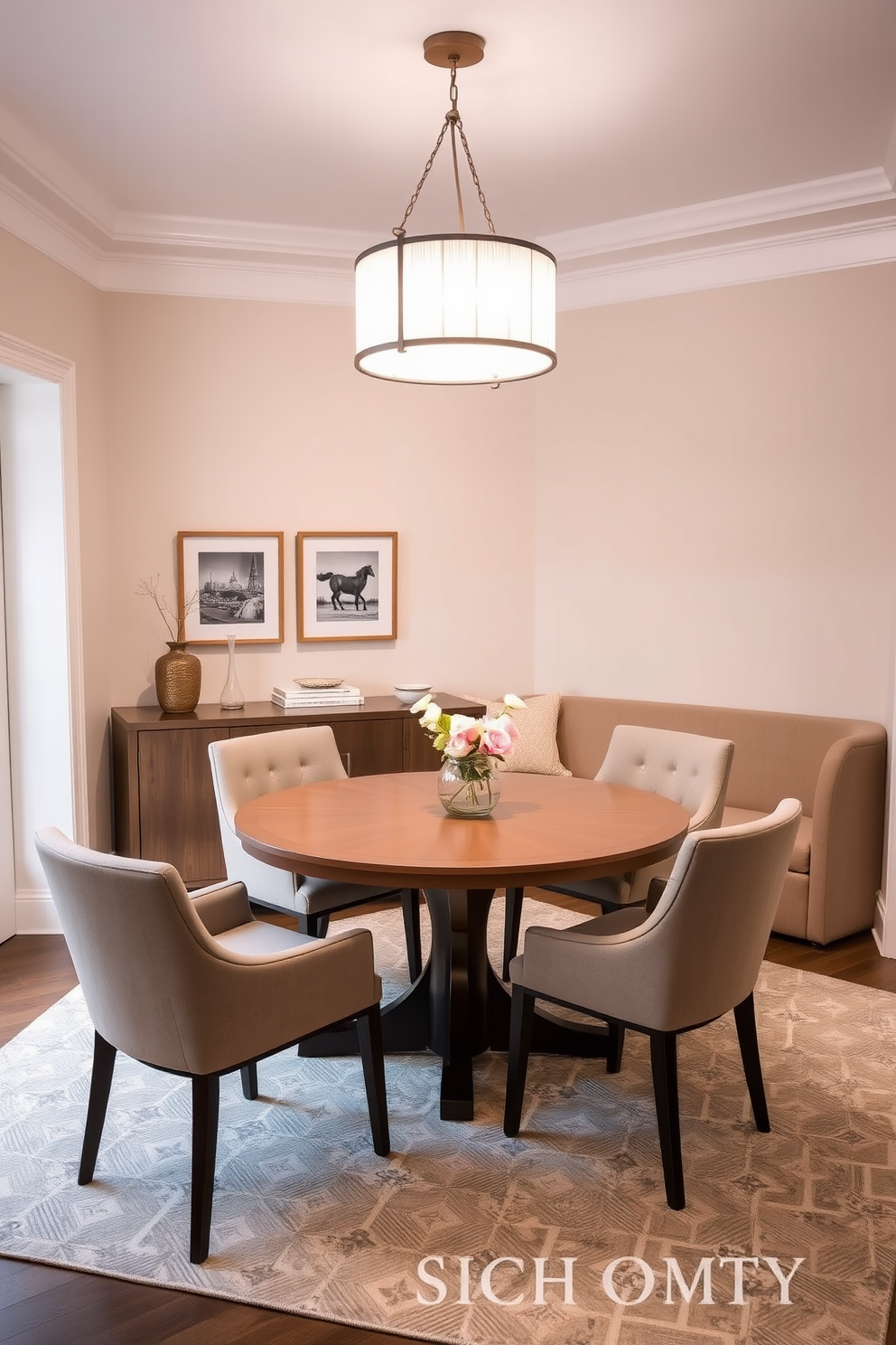 A stylish corner dining room featuring a round table with extendable leaves surrounded by upholstered chairs. The walls are adorned with soft pastel colors, and a sleek sideboard is positioned against one wall for additional storage. Incorporate a cozy bench with built-in storage along the corner, providing both seating and practicality. A statement pendant light hangs above the table, adding warmth and ambiance to the space.