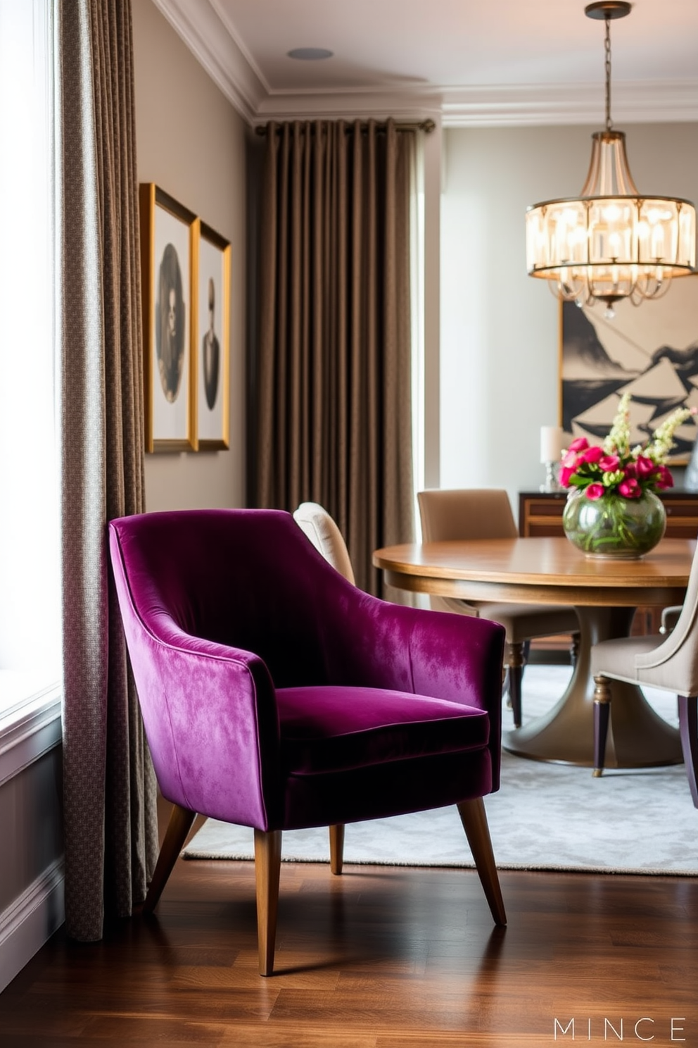 A stylish accent chair upholstered in a rich velvet fabric sits gracefully in the corner of the dining room. Its sleek wooden legs provide a modern touch while complementing the overall decor of the space. The dining room features a round wooden table surrounded by upholstered chairs, creating an inviting atmosphere for meals and gatherings. A statement chandelier hangs above the table, illuminating the room with a warm glow.