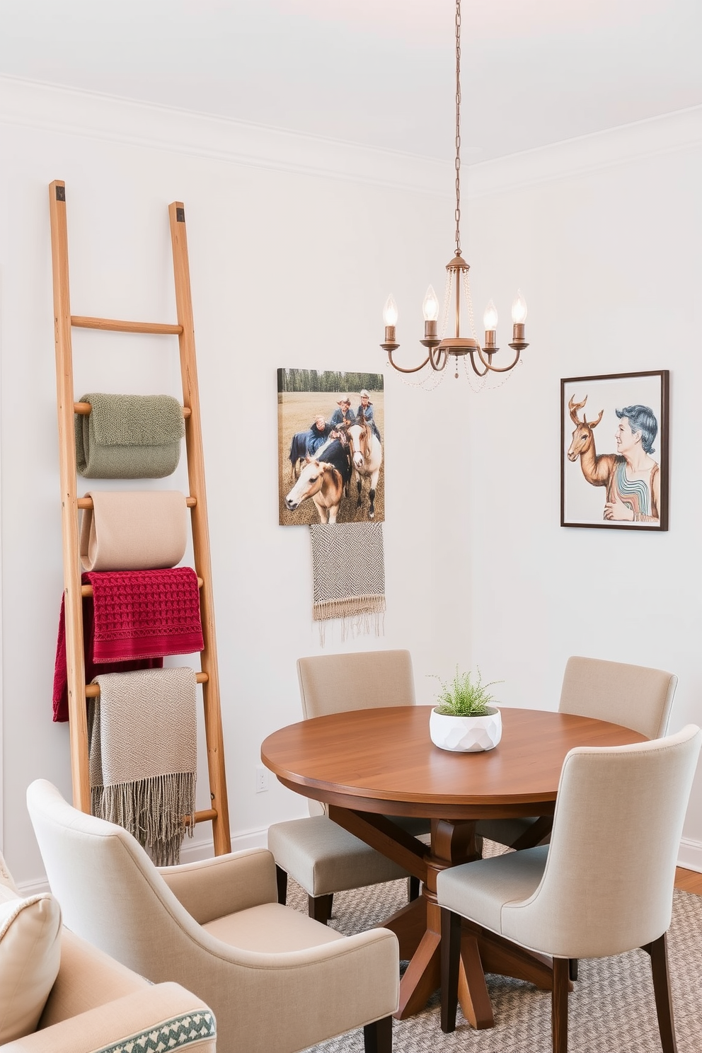 A decorative ladder made of natural wood leans against a soft white wall. It is adorned with an assortment of cozy blankets and colorful throws, adding texture and warmth to the space. The corner dining room features a round wooden table surrounded by upholstered chairs in a neutral tone. Above the table, a stylish chandelier hangs, casting a warm glow over the inviting setting.