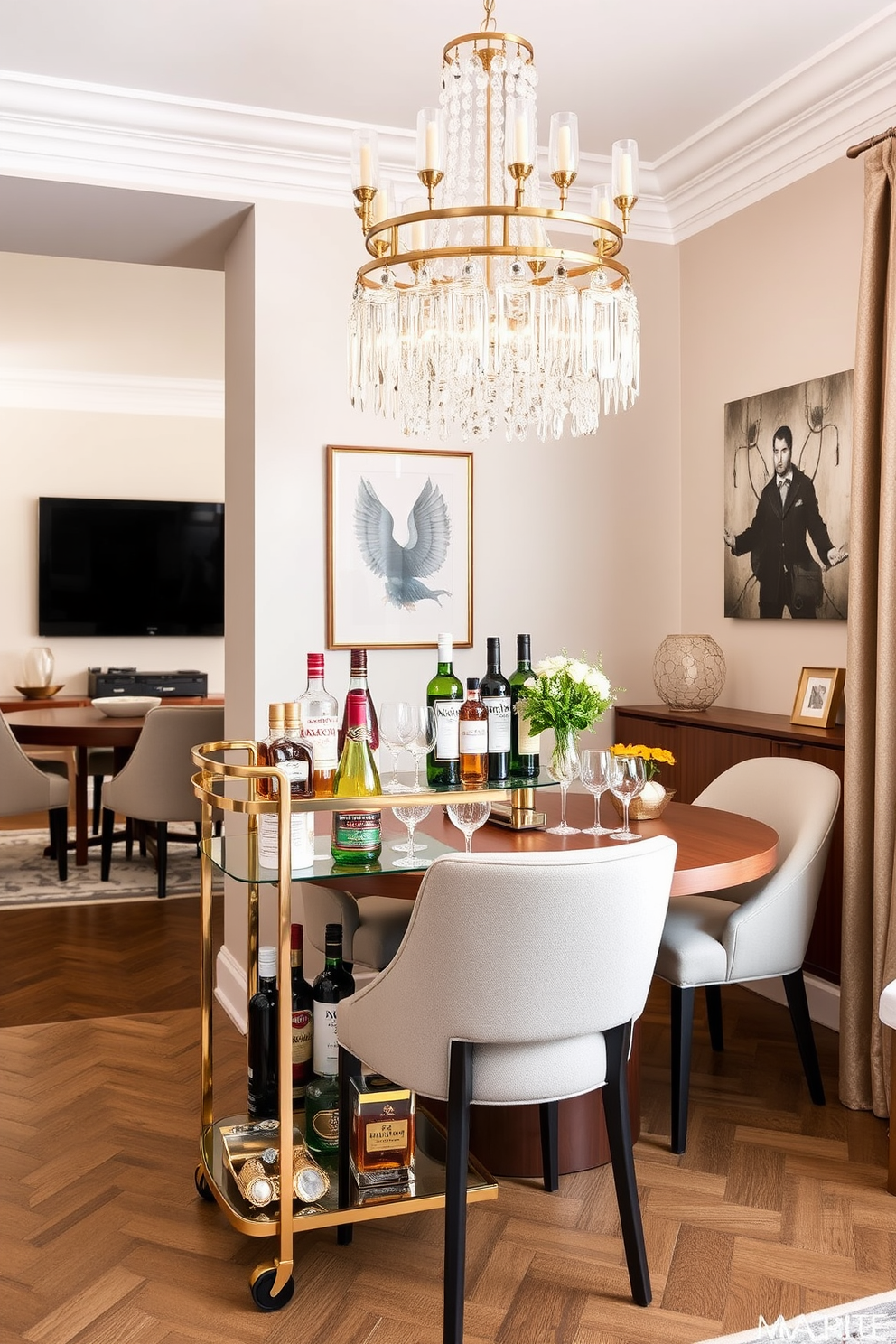 A stylish small bar cart is set in an inviting corner of the entertaining space. It features a sleek design with a polished gold frame and glass shelves, adorned with an assortment of premium spirits and elegant glassware. The corner dining room showcases a round wooden table surrounded by upholstered chairs in a soft neutral tone. A statement chandelier hangs above, adding warmth and sophistication to the intimate dining area.