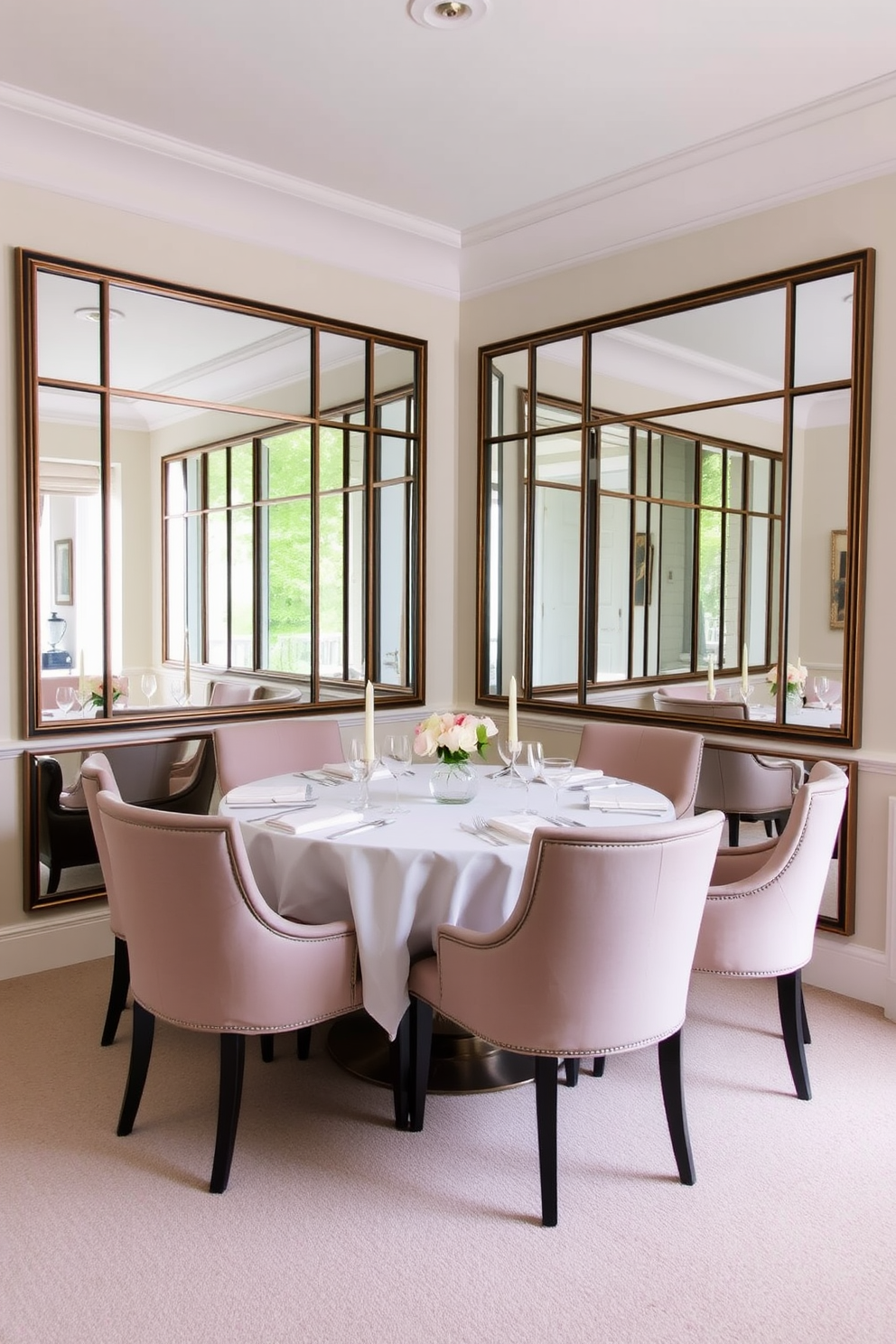 A corner dining room featuring large framed mirrors that enhance the natural light and create an illusion of space. The table is elegantly set with a white tablecloth, surrounded by plush upholstered chairs in a soft pastel hue.