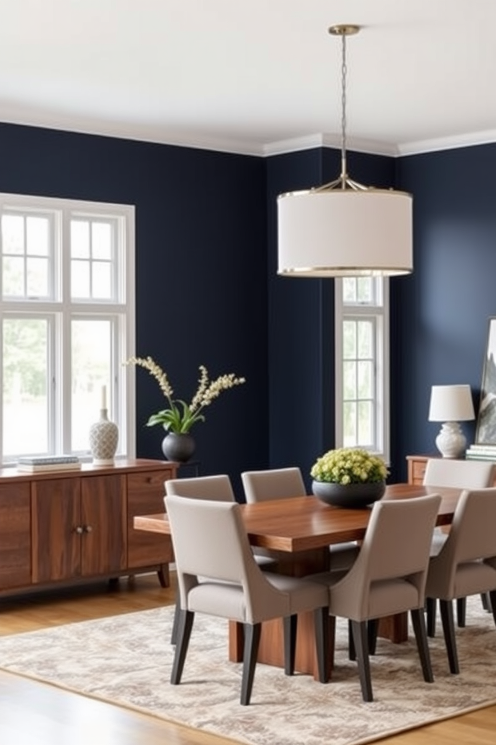 A bold accent wall painted in a deep navy blue creates a striking focal point in the dining room. The space features a sleek wooden dining table surrounded by upholstered chairs, complemented by modern pendant lighting overhead. Incorporate a mix of textures with a plush area rug underfoot and decorative elements like a stylish sideboard. Large windows allow natural light to flood the room, enhancing the inviting atmosphere.