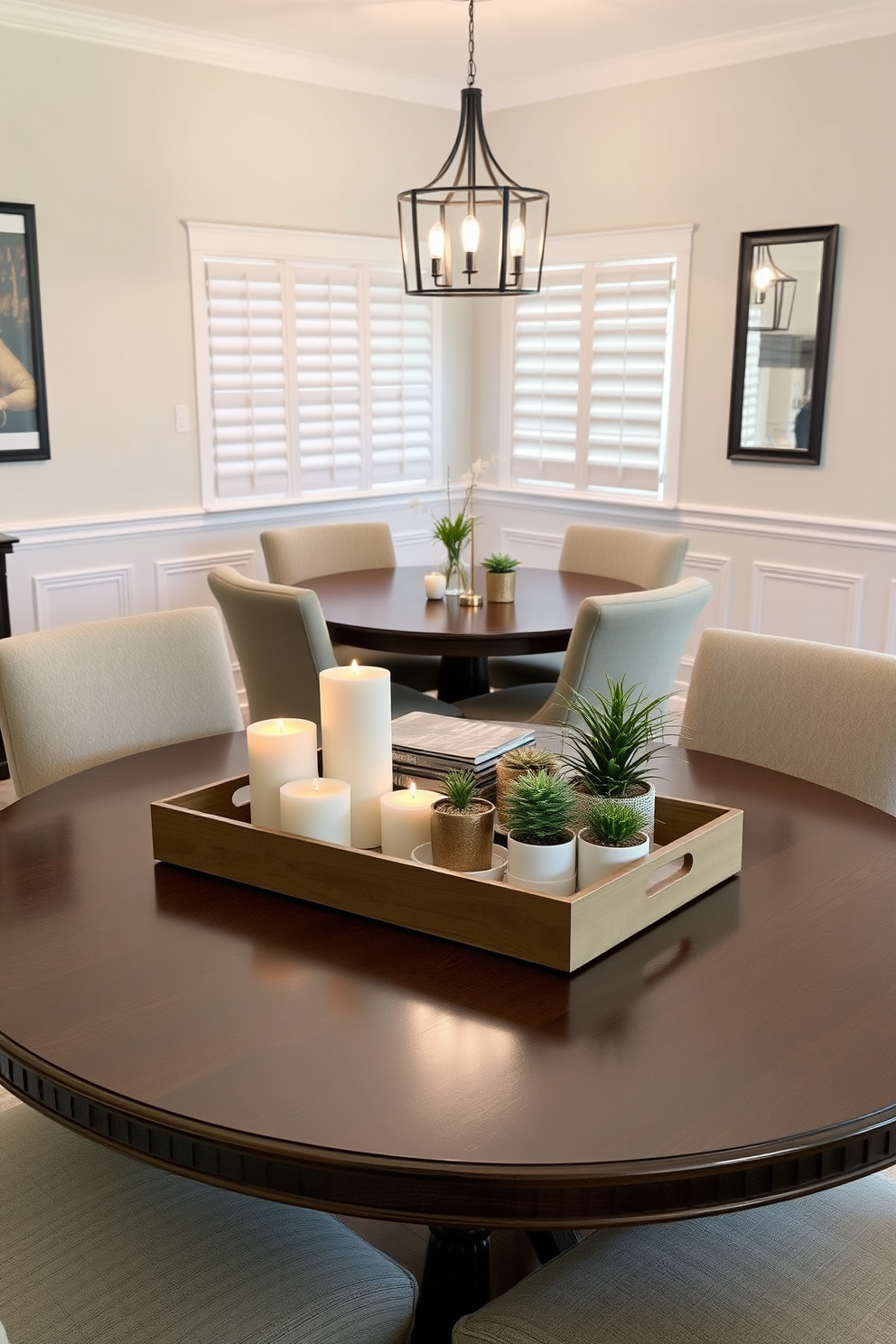 A decorative tray sits elegantly on a polished wooden table, showcasing an assortment of candles and small potted plants. The tray adds a touch of sophistication while keeping the table organized and visually appealing. The corner dining room features a round table surrounded by upholstered chairs, creating an inviting atmosphere for meals and gatherings. Soft ambient lighting from a stylish pendant fixture enhances the cozy feel of the space.