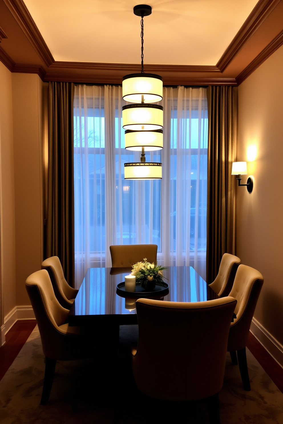 A cozy corner dining room with a round wooden table surrounded by upholstered chairs in warm autumn colors. The table is set with seasonal decor featuring pumpkins, gourds, and a centerpiece of vibrant fall foliage. In the background, a large window allows natural light to flood the space, adorned with sheer curtains that flutter gently. The walls are painted in a soft cream hue, creating a warm and inviting atmosphere perfect for gatherings.