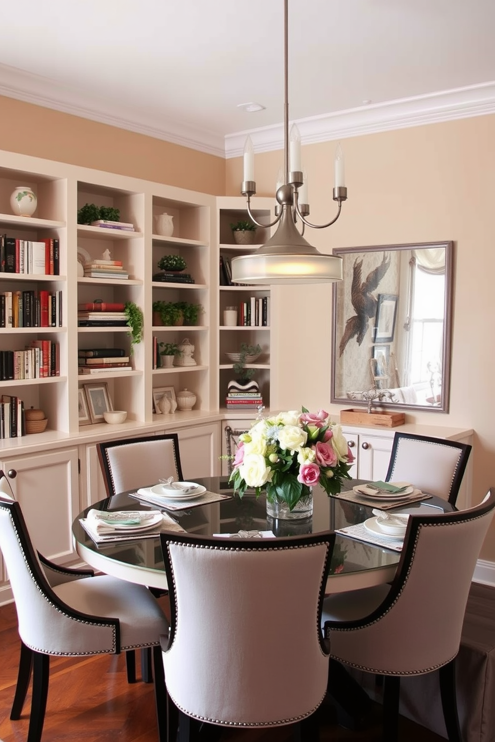 A cozy corner dining room features built-in corner shelves that showcase an array of decorative items such as books, plants, and art pieces. The dining table is elegantly set with a centerpiece of fresh flowers, surrounded by stylish chairs that complement the overall decor. The walls are painted in a warm neutral tone, enhancing the inviting atmosphere of the space. Soft lighting fixtures hang above the table, casting a gentle glow that creates a perfect ambiance for dining and entertaining.