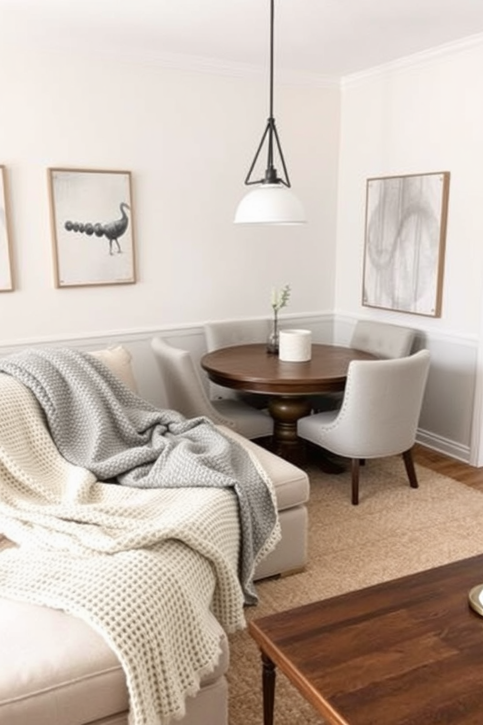 A corner dining room that incorporates geometric patterns for a modern flair. The walls are adorned with bold geometric wallpaper, and a sleek round table sits in the center surrounded by stylish chairs. A statement light fixture with angular designs hangs above the table, casting a warm glow over the space. The floor features a contrasting geometric rug that ties the room together, creating an inviting atmosphere for dining.