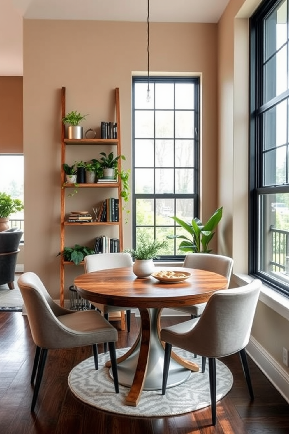 A stylish corner dining room featuring a ladder shelf for vertical storage. The ladder shelf is made of reclaimed wood and is adorned with potted plants and decorative books. The dining table is a round wooden design with elegant chairs upholstered in a soft fabric. Large windows allow natural light to flood the space, complemented by warm, neutral wall colors.