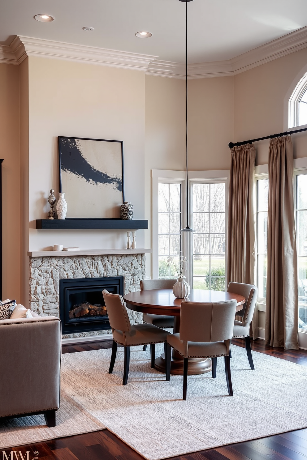 A corner dining room features a round wooden table surrounded by upholstered chairs in a soft fabric. The walls are adorned with vibrant wall-mounted art that adds a pop of color and visual interest to the space. Natural light floods the room through large windows, enhancing the warm tones of the wood and fabric. A stylish pendant light hangs above the table, creating an inviting atmosphere for meals and gatherings.