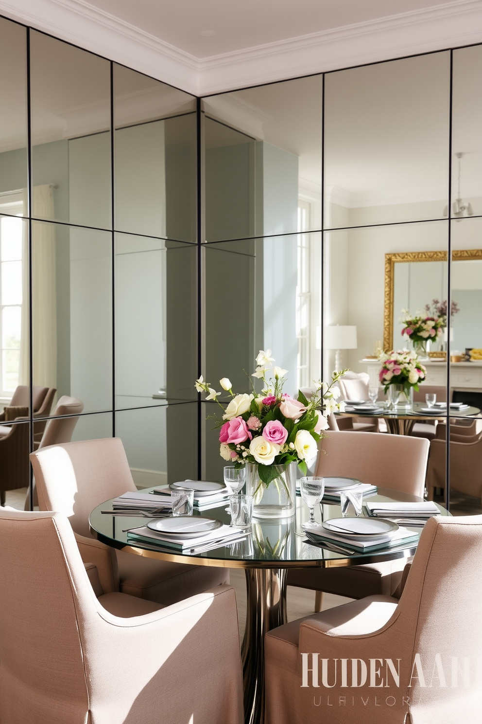 A corner dining room features a mirrored wall that reflects natural light, creating an illusion of a larger space. The dining table is elegantly set with a floral centerpiece, surrounded by stylish upholstered chairs that complement the room's decor.