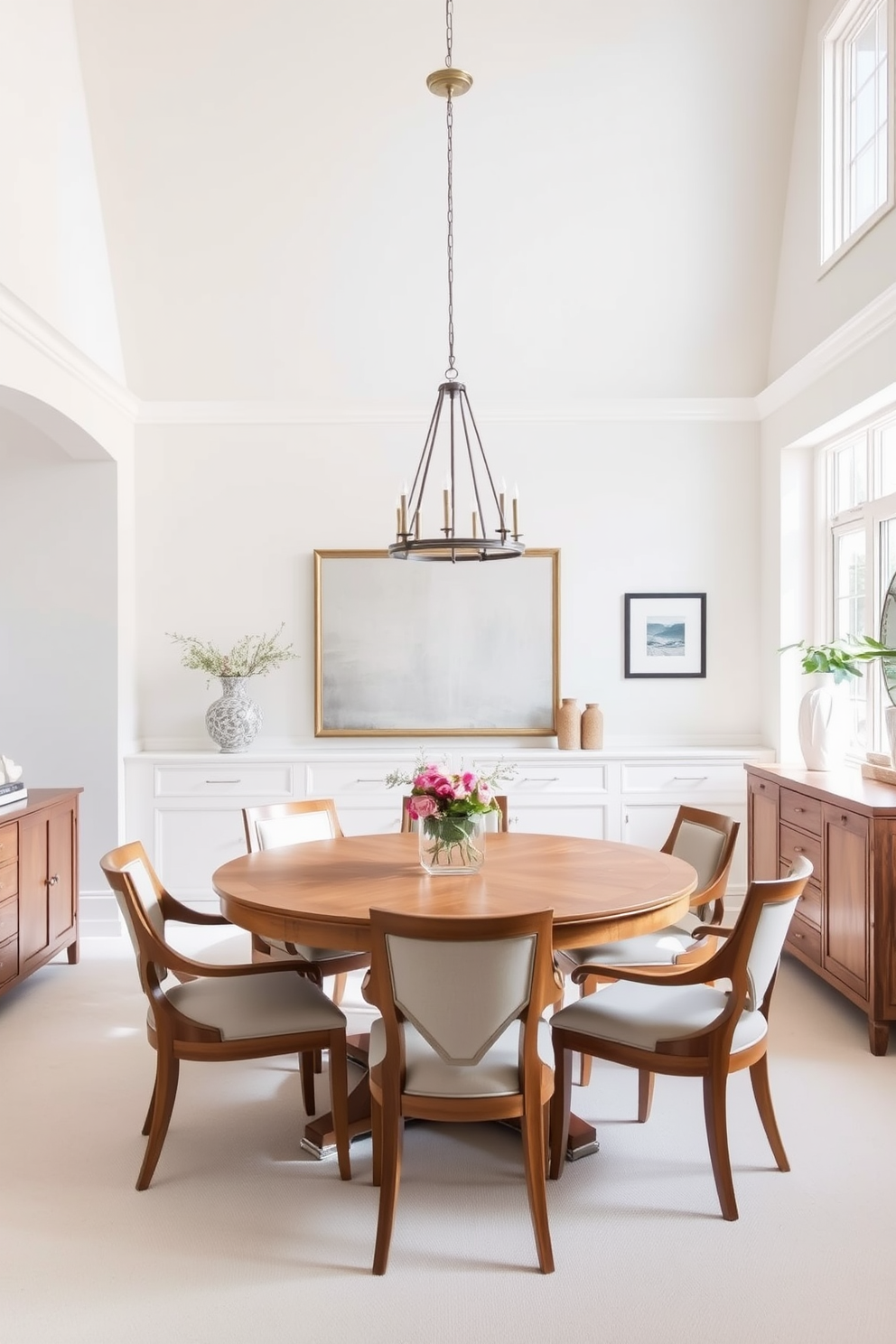 Light colored walls create a bright and airy atmosphere in the dining room. A round wooden table with elegant chairs is positioned in the center, surrounded by soft natural light from large windows. A stylish pendant light hangs above the table, adding a touch of sophistication. On one wall, a sideboard displays decorative items and serves as additional storage for dining essentials.