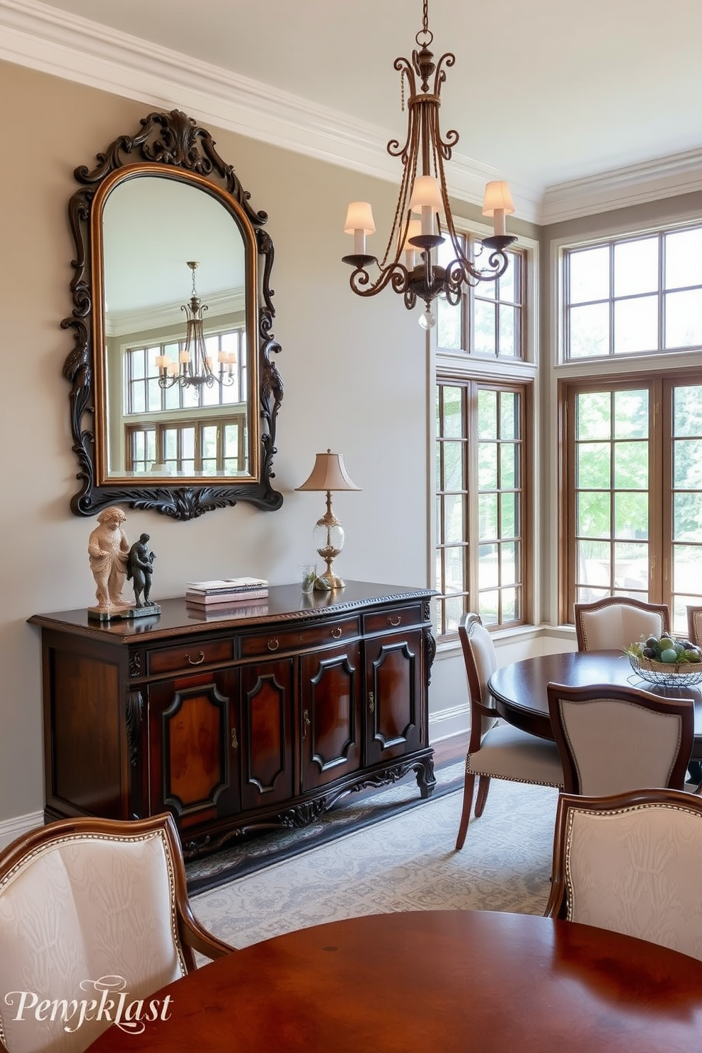 A rustic farmhouse table made of reclaimed wood sits in the center of a cozy corner dining room. Surrounding the table are mismatched chairs upholstered in soft, neutral fabrics, creating an inviting atmosphere. Natural light floods the space through large windows adorned with simple linen curtains. The walls are painted in a warm cream hue, complemented by exposed wooden beams that add character to the room.