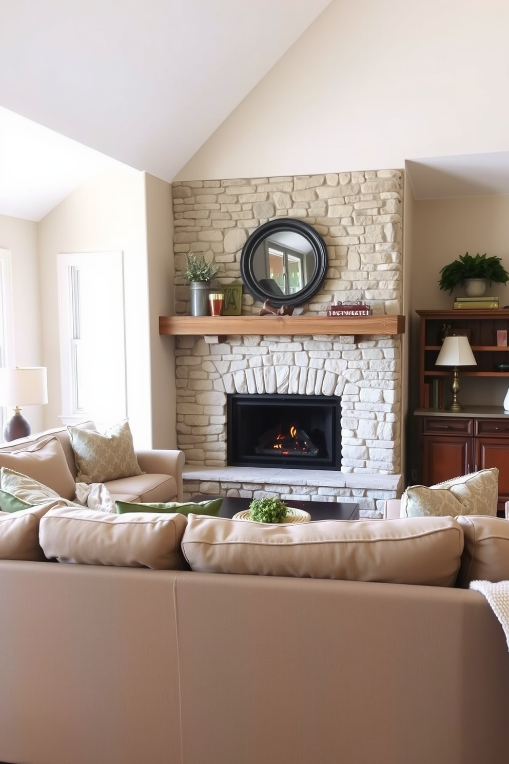 Cozy sectional facing the fireplace. The sectional is upholstered in a soft, neutral fabric, creating a warm and inviting atmosphere. A corner fireplace serves as the focal point of the room. It features a stone surround and a rustic wooden mantel, enhancing the cozy aesthetic.