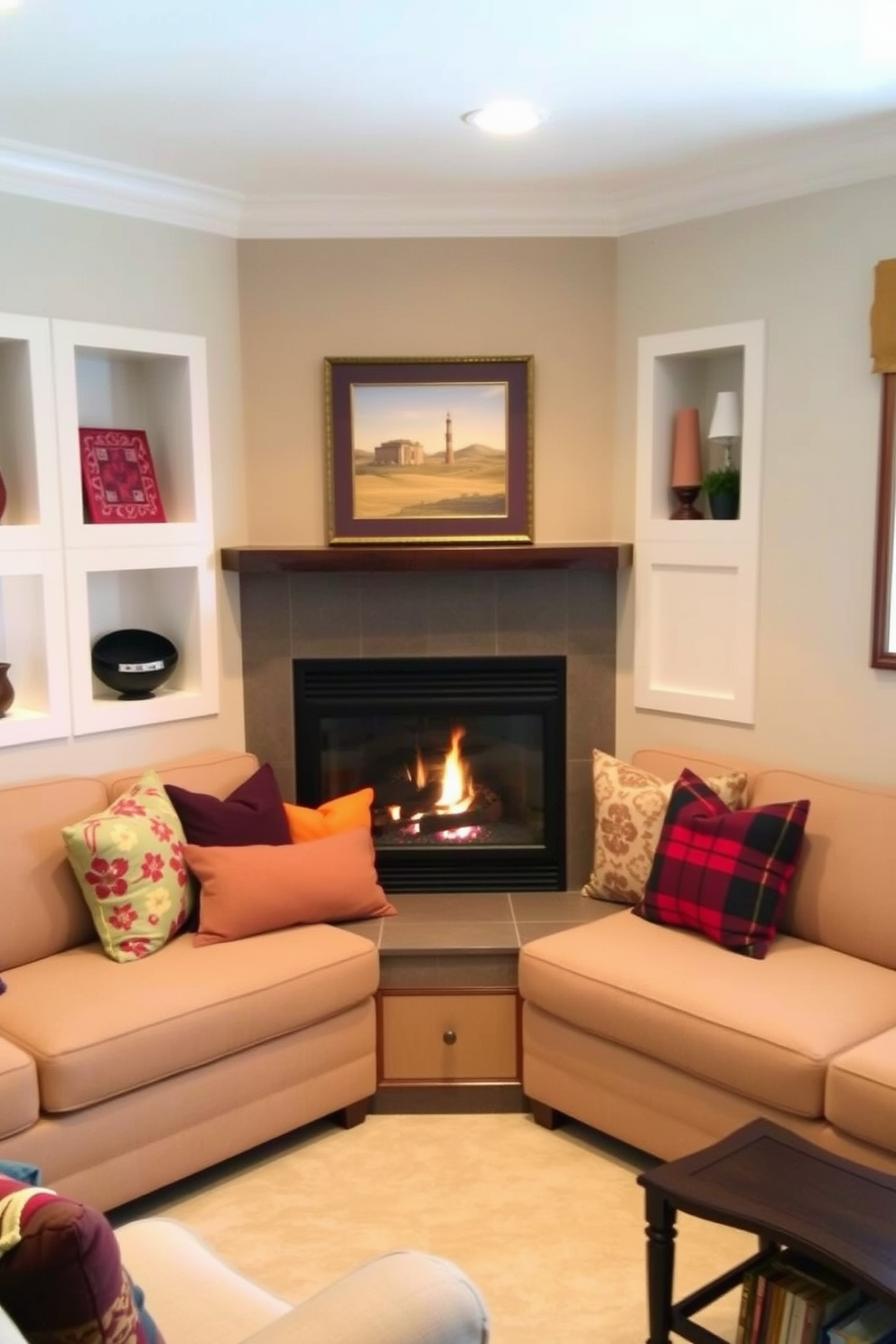 A cozy living room featuring a corner fireplace surrounded by built-in seating. The seating is upholstered in a soft, neutral fabric, and colorful throw pillows add a pop of color.